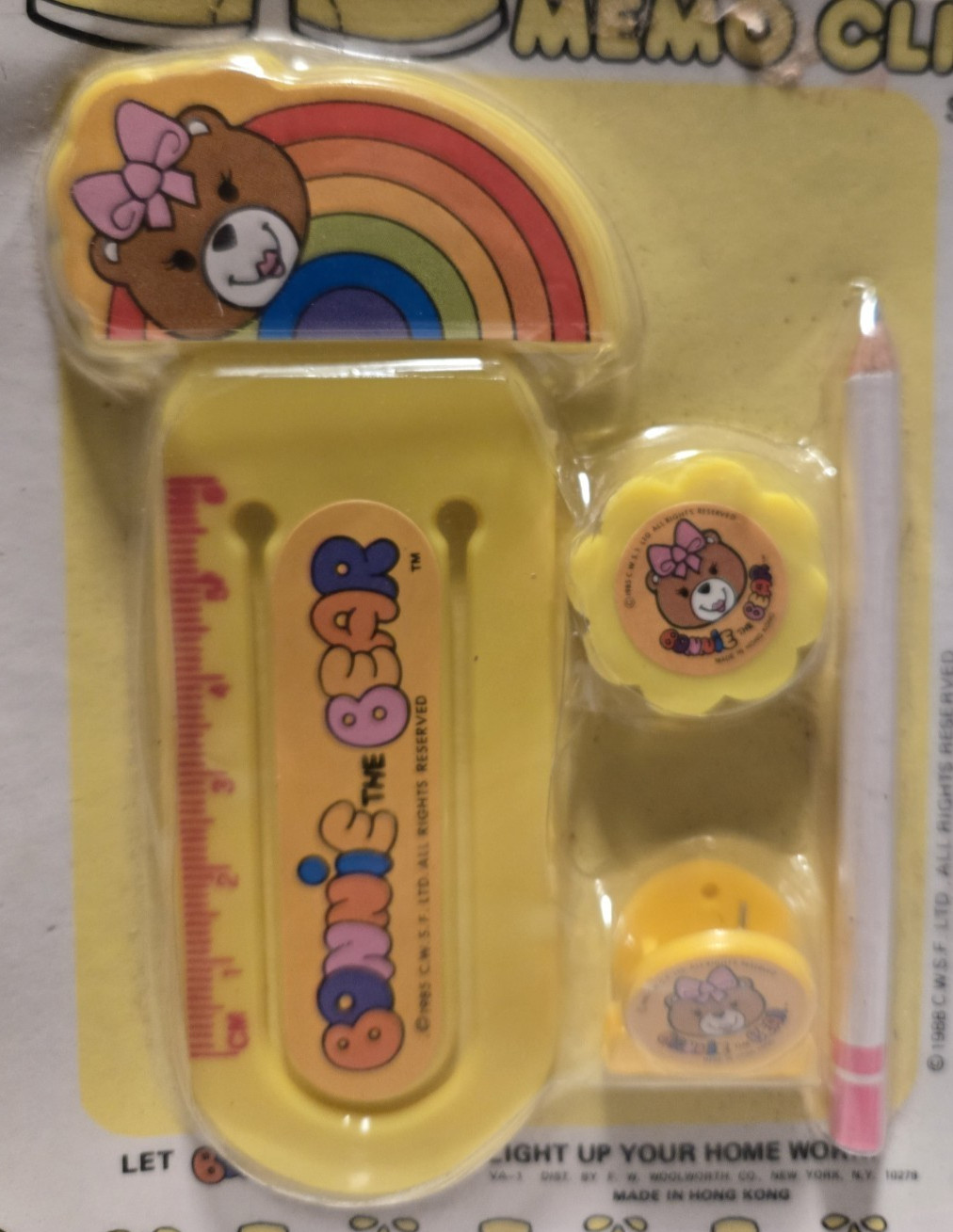 Vintage 1980's Bonnie the Bear Yellow Mini Memo Ruler Clip Set Pencil and Eraser