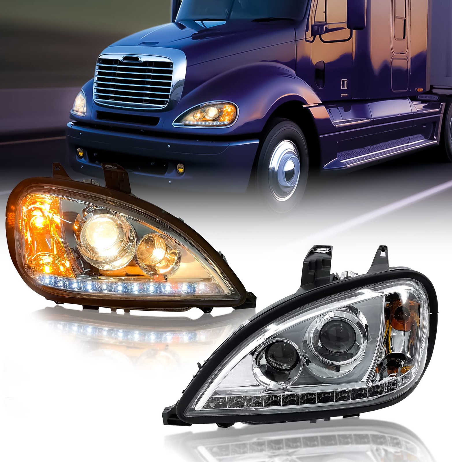 Freightliner Columbia Headlight LED Projector Stripe Crystal Pair Set 1996-2017