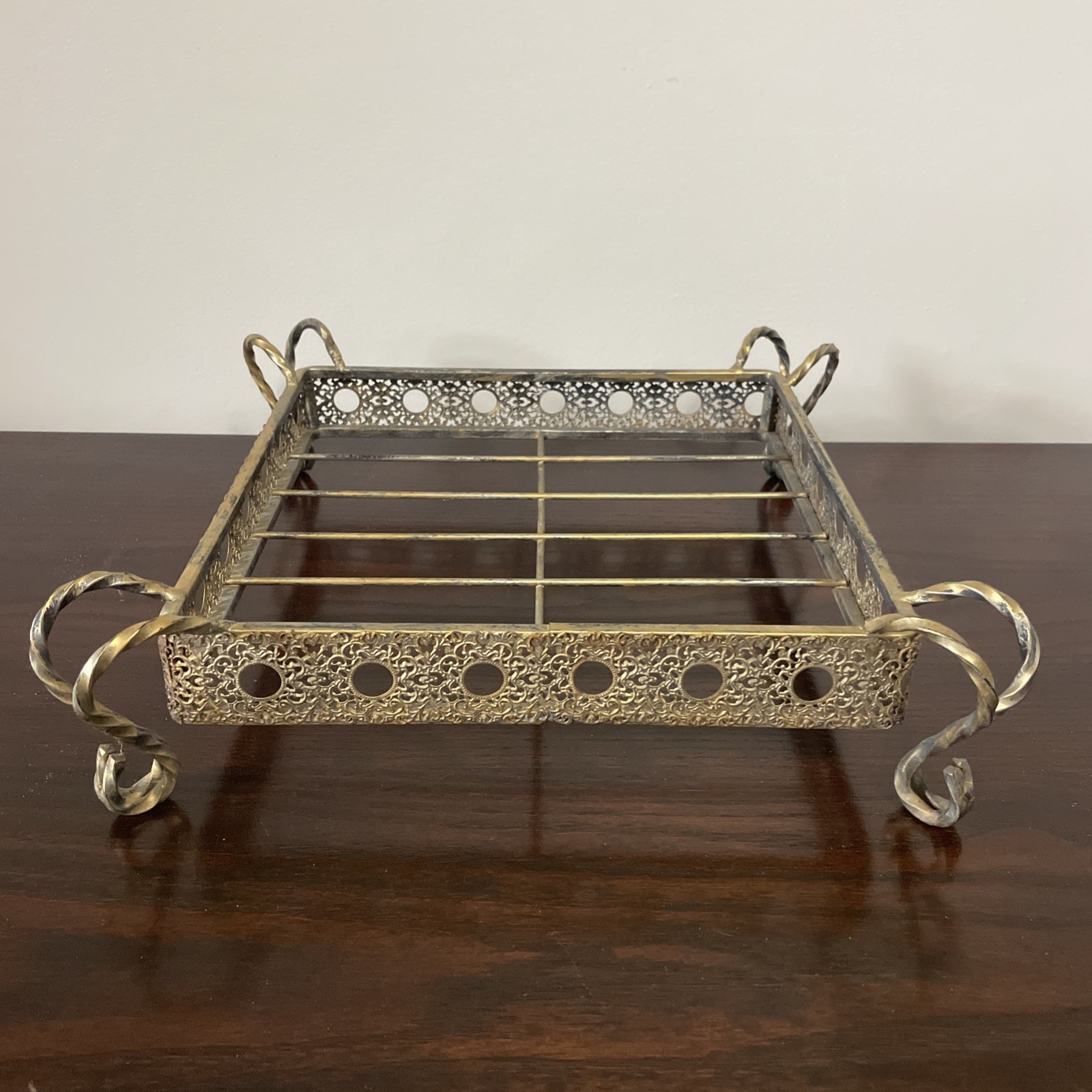 Antique Metal Pierced Filigree Plant Stand Twisted Feet Victorian Tray