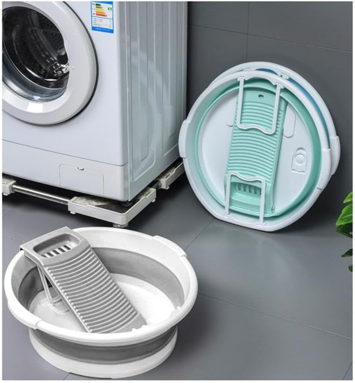 Collapsible Washboard Basin for Clothes, Portable Foldable Laundry Tub (Gray)