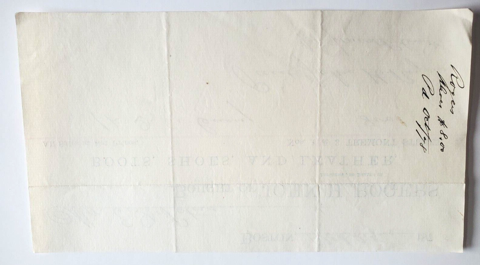 1878 Invoice, John H. Rogers, Boots, Shoes And Leather, Boston, Massachusetts