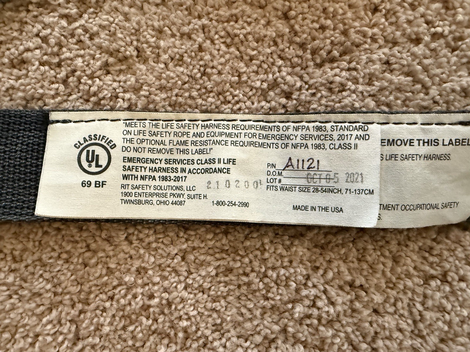 FIREFIGHTER RESCUE HARNESS CLASS 2 TURNOUT RIT SAFETY SOLUTIONS SIZE 28"-54"