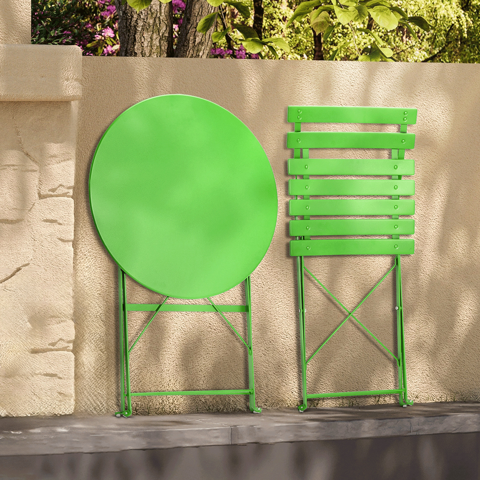 3 Piece Green Patio Table Chairs Set Foldable Garden Patio Furniture w/Cushion