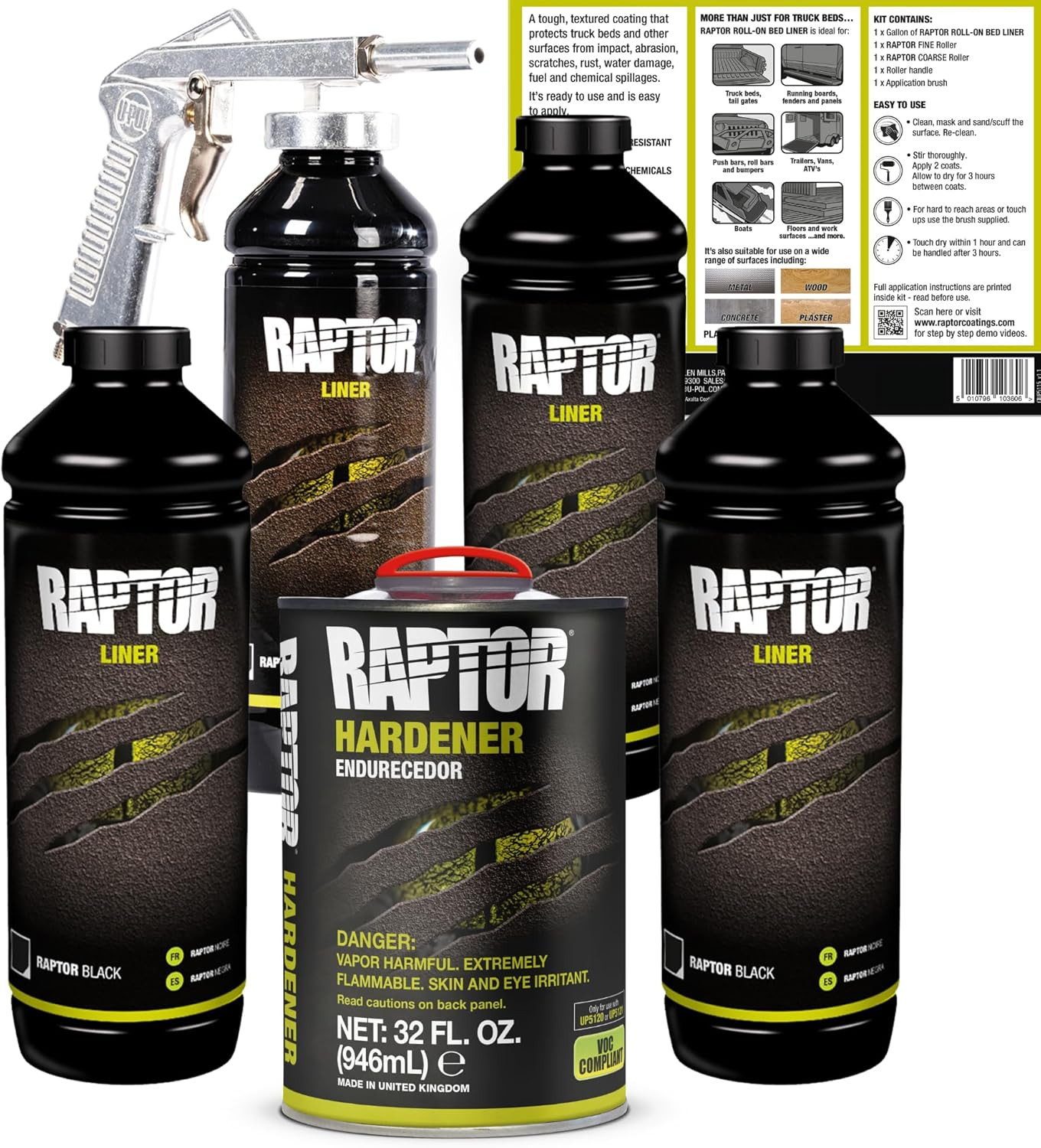 U-POL Raptor Black Urethane Spray-On Truck Bed Liner Spray Gun, 4 Liters