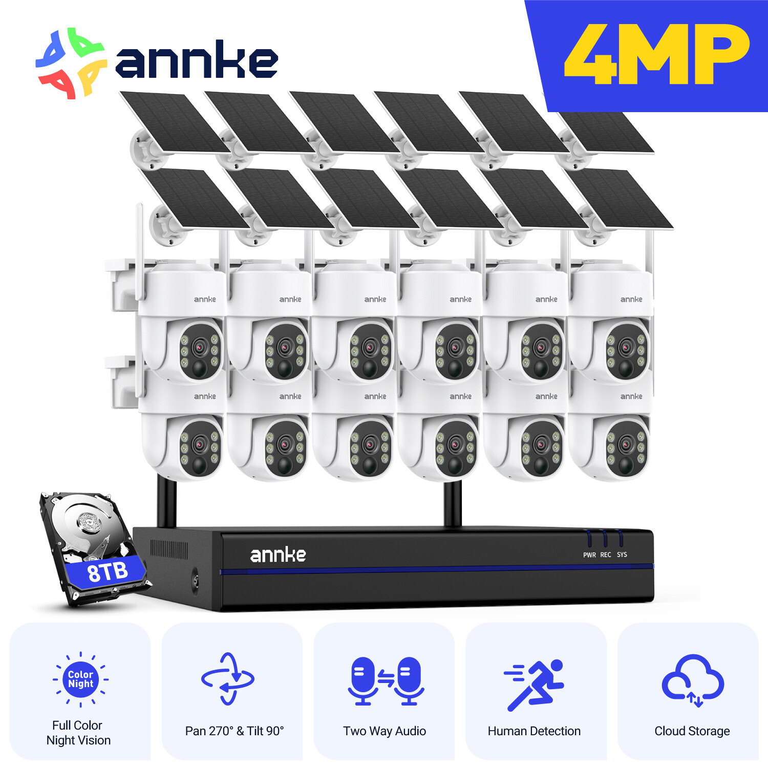 ANNKE 4MP Wireless PT Security IP Camera System Wifi Solar Battery Two Way Audio
