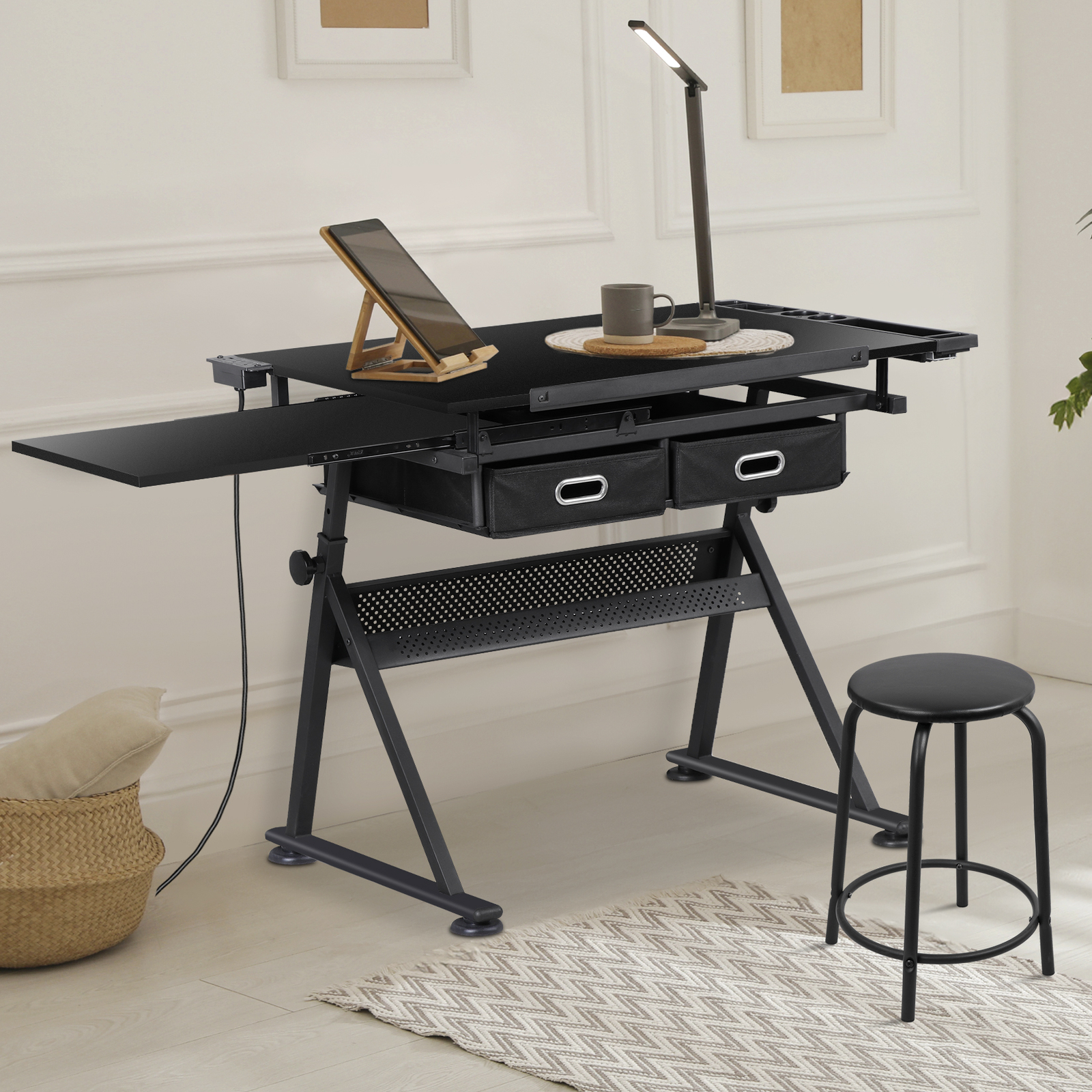 Drafting Table Drawing Desk Adjustable Tabletop w/Charging Station & Stool Black