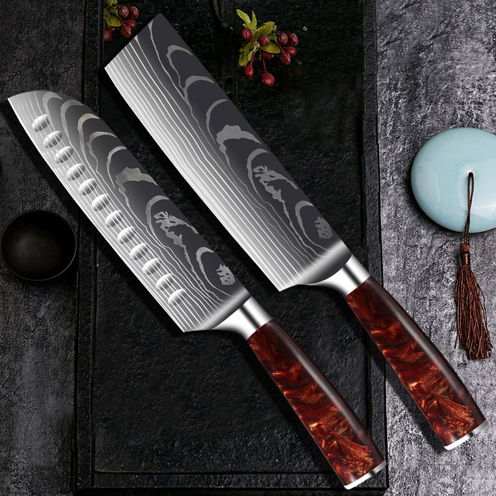 2PC Japanese Damascus Pattern Chef Knives Cleaver Kitchen Knife Set With Sheath