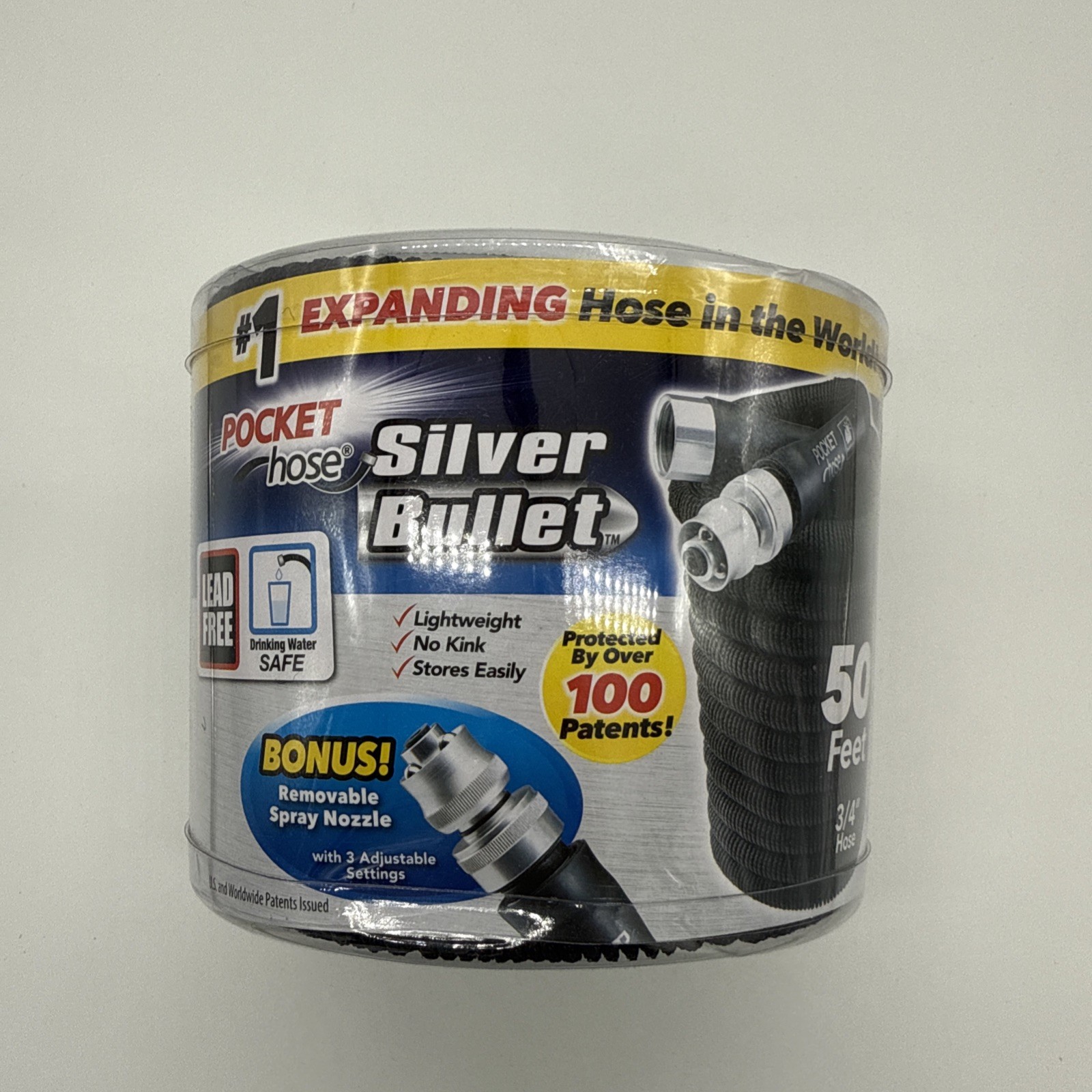 50' As Seen On TV Pocket Hose Silver Bullet Lightweight No Kink Garden Hose