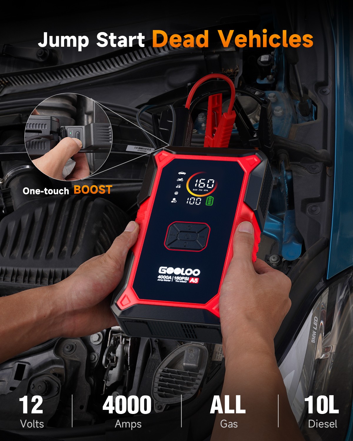 GOOLOO A5 Jump Starter with Air Compressor 4000A Portable Car Battery Booster