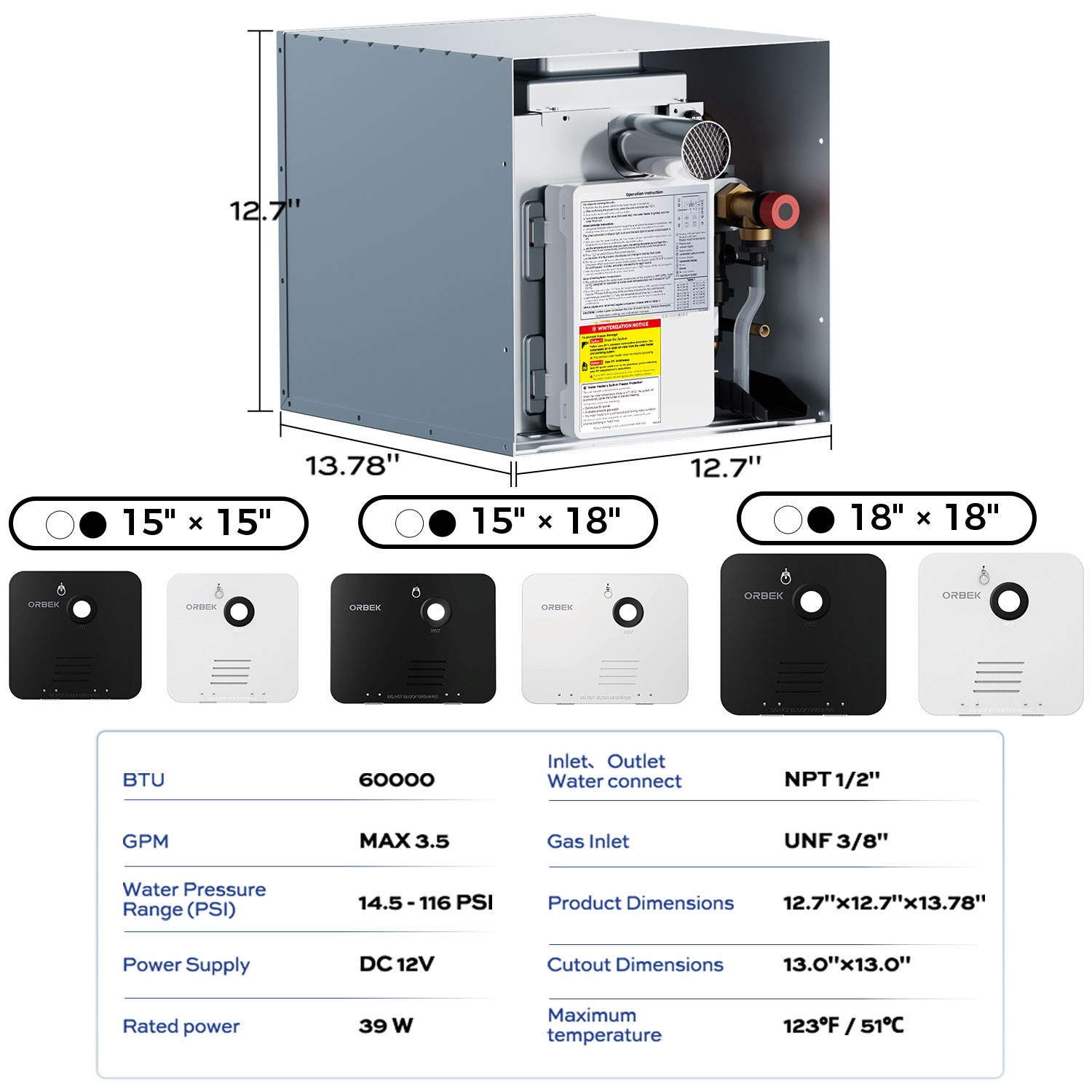 RV Tankless Water Heater Propane 3.5 GPM 60,000 BTU Instant Hot Without Door 12V