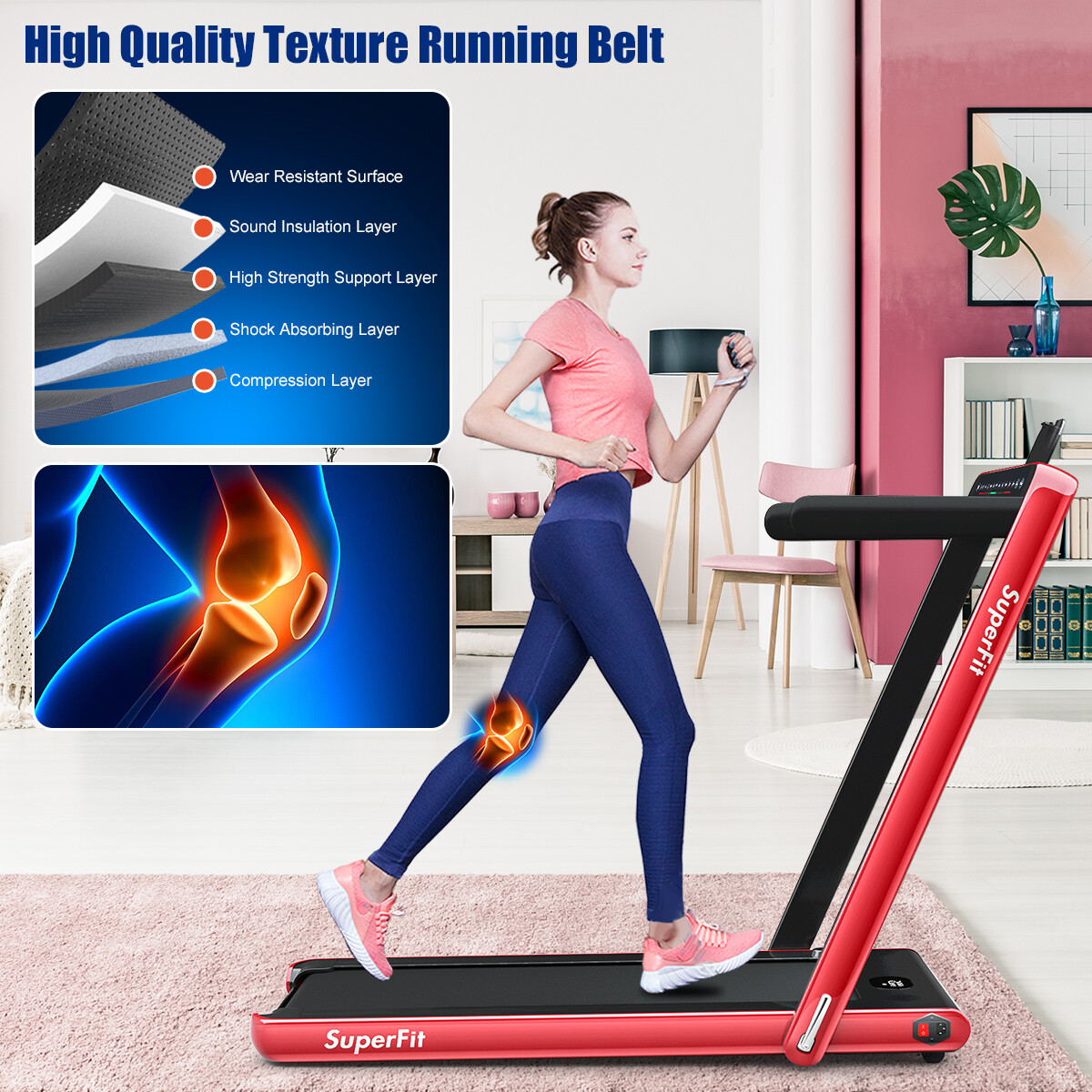2 in 1 Folding Treadmill 2.25HP Running Machine w/ Dual Display Red