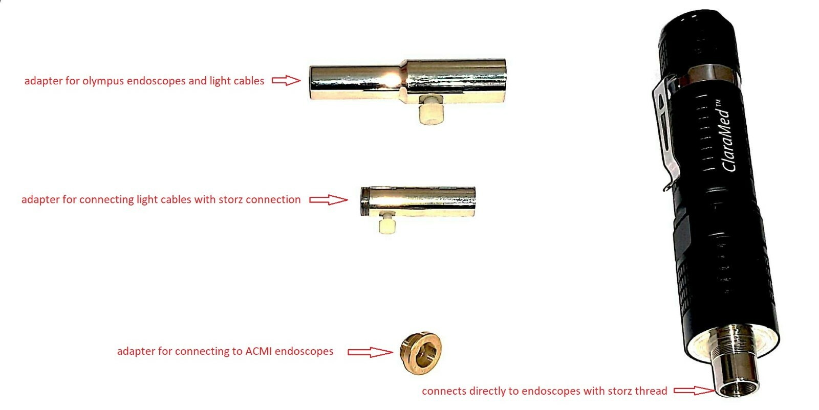 ClaraMed Battery/USB light source compatible with ACMI/Olympus/Storz endoscopes