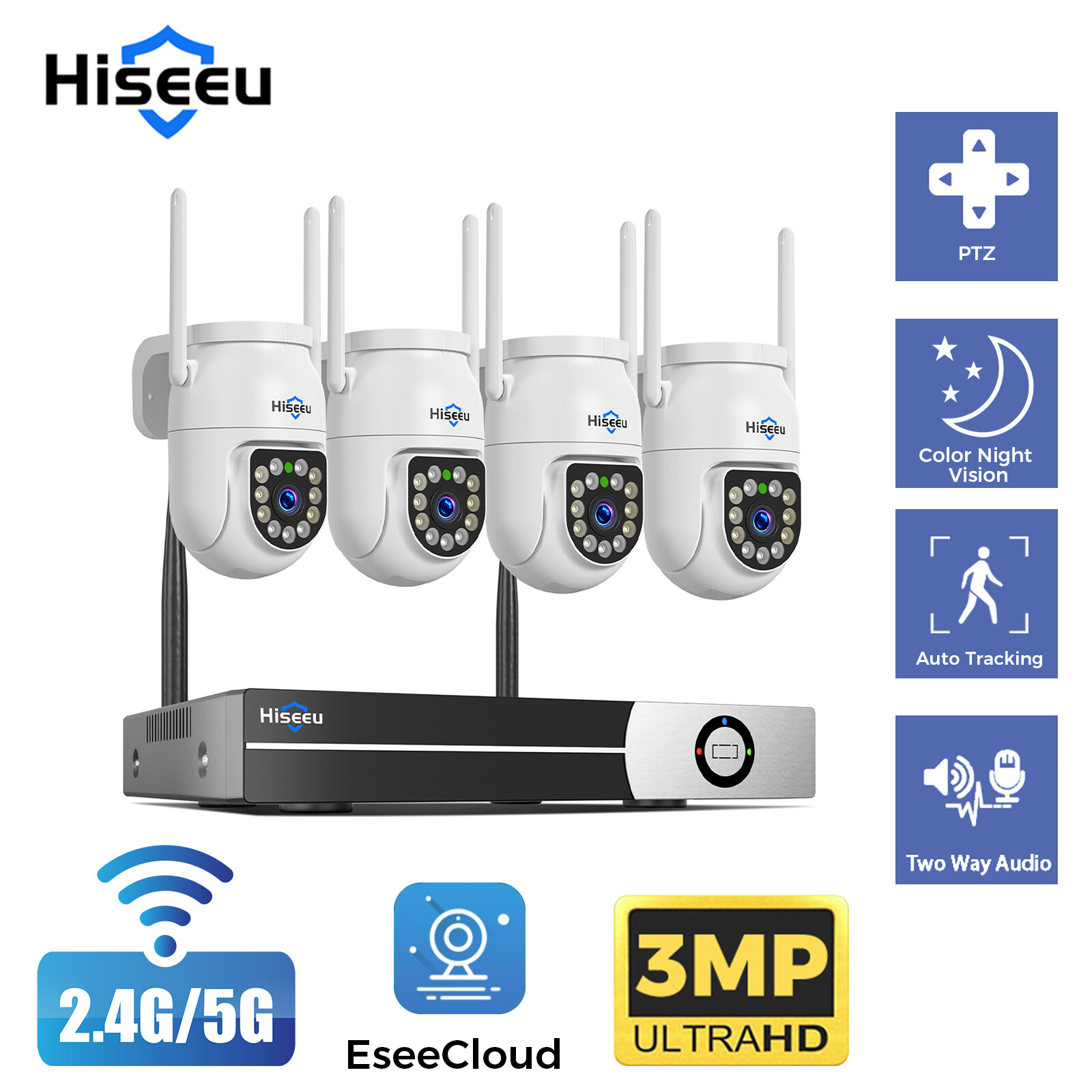 Hiseeu Wifi Security Camera System,16CH NVR,4PCS 3MP PTZ Camera,5G Wifi,No HDD