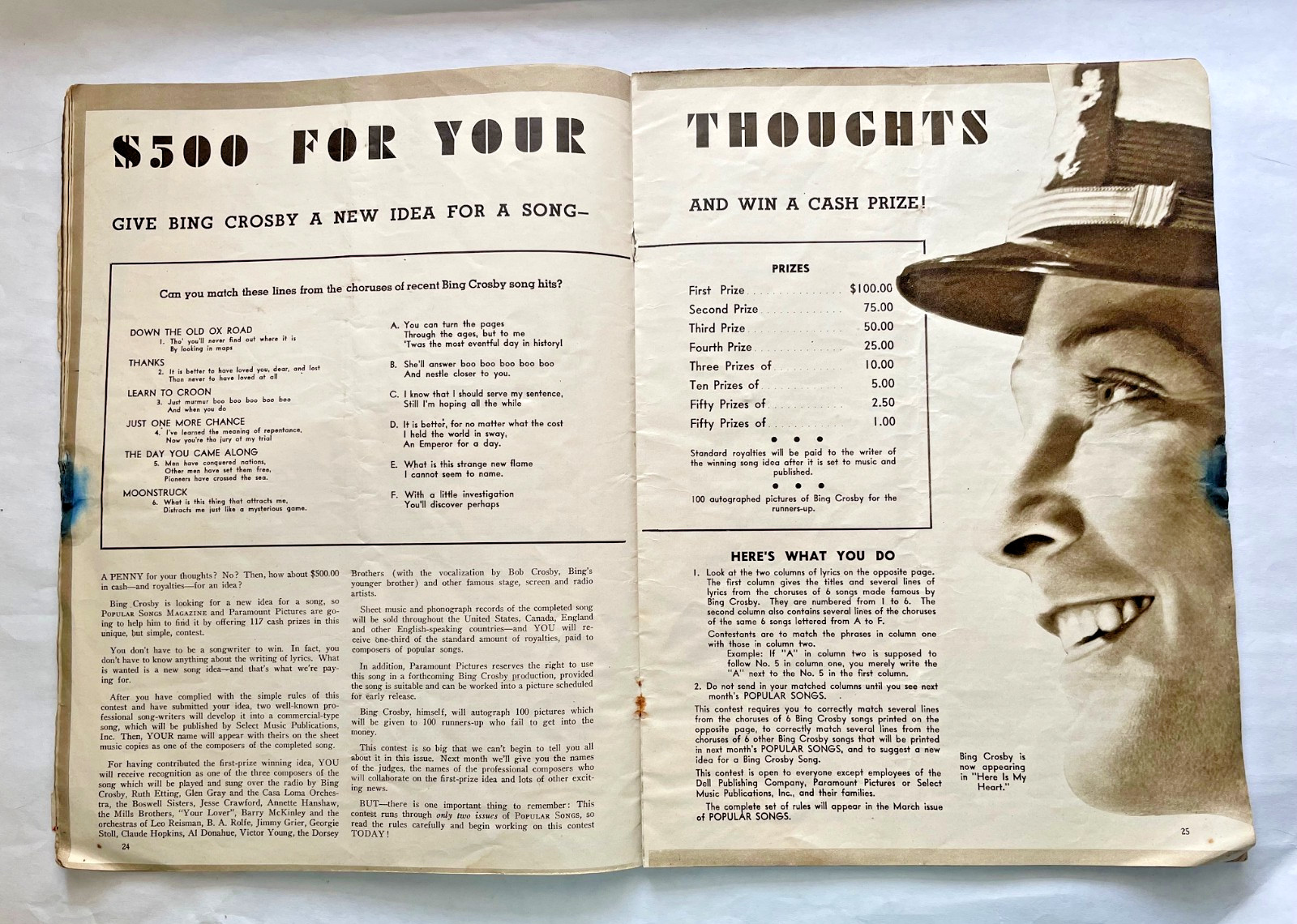 Popular Songs Magazine Feb Bing Crosby Contest Vintage Sheet Music Ads 1930s