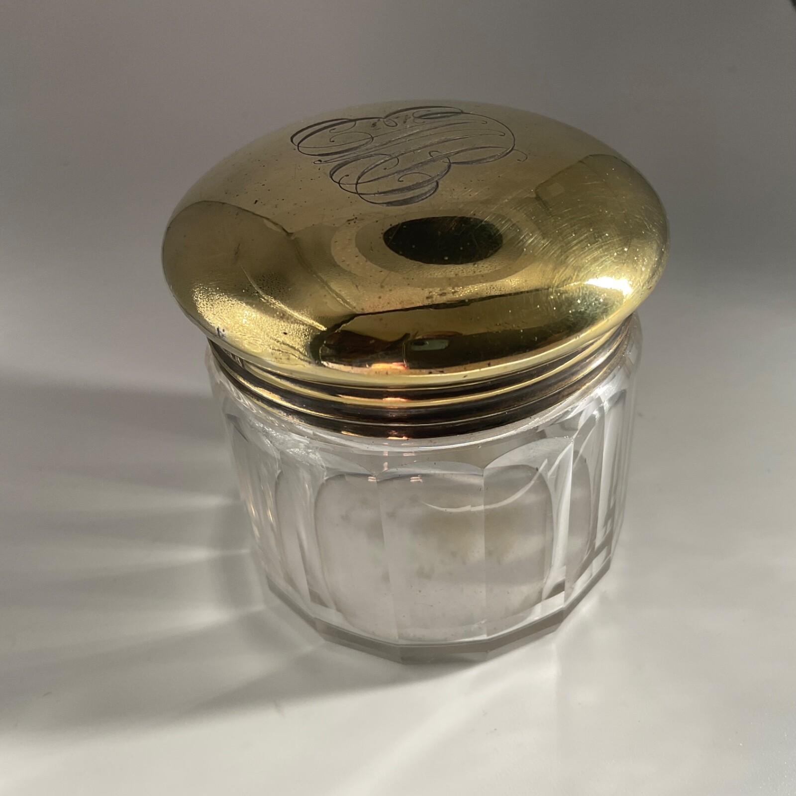 Antique London Gilt Sterling Silver Cut Glass Dresser Jar 1909 Norman Marshall