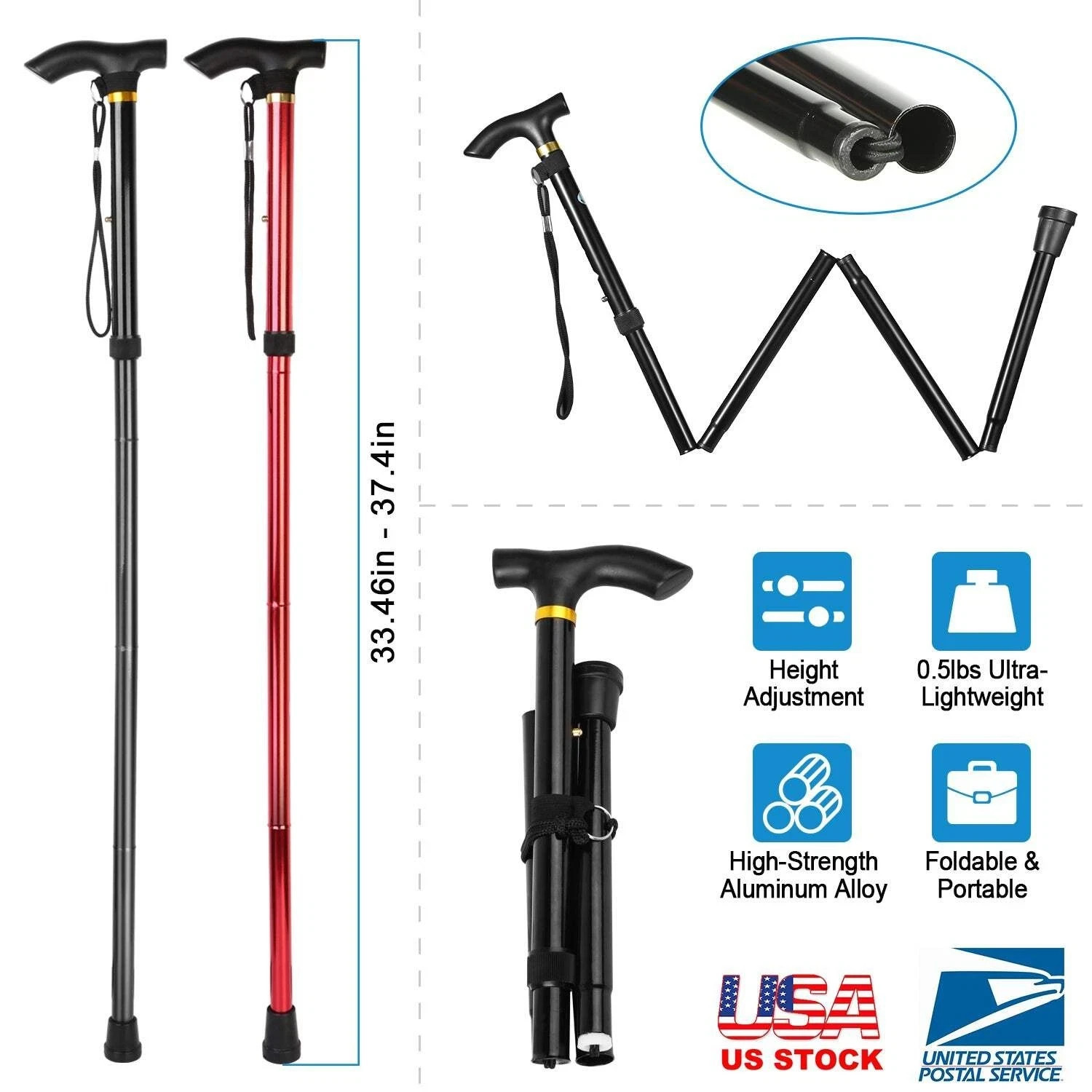 Walking Cane Aluminum Alloy Walking Stick Adjustable Folding Travel Hiking Stick