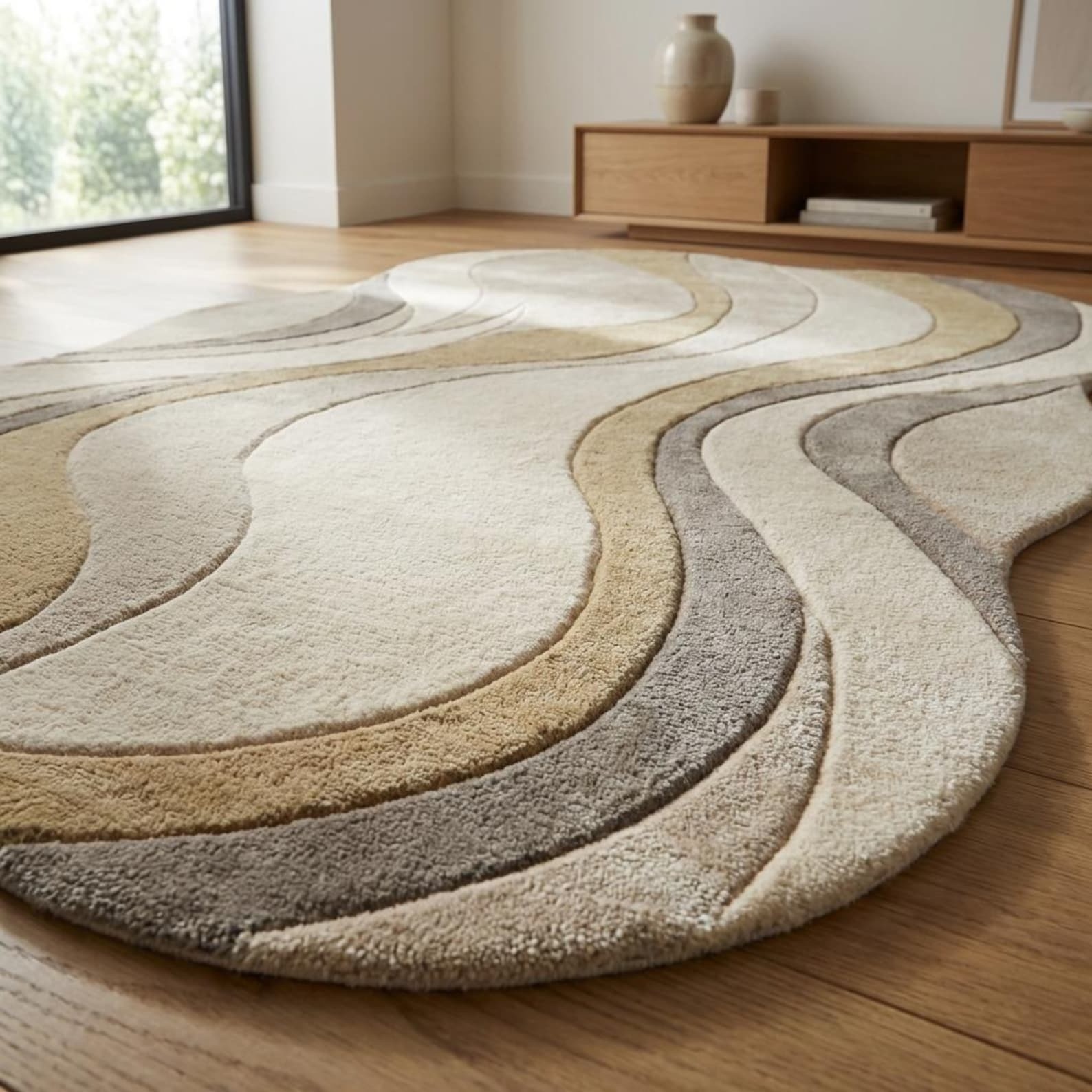 Modern Abstract Wave Rug Irregular Shape Neutral Tonal Beige Sculpted Rug 5x8
