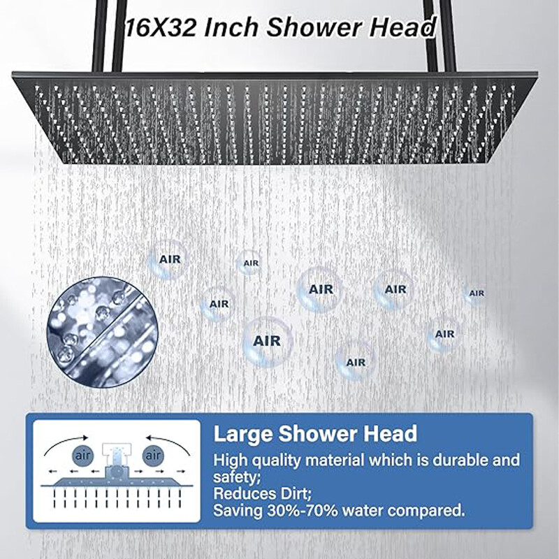 32x16" Large Rainfall High Pressure Luxury Shower Head Top Sprayer Ceiling Mount