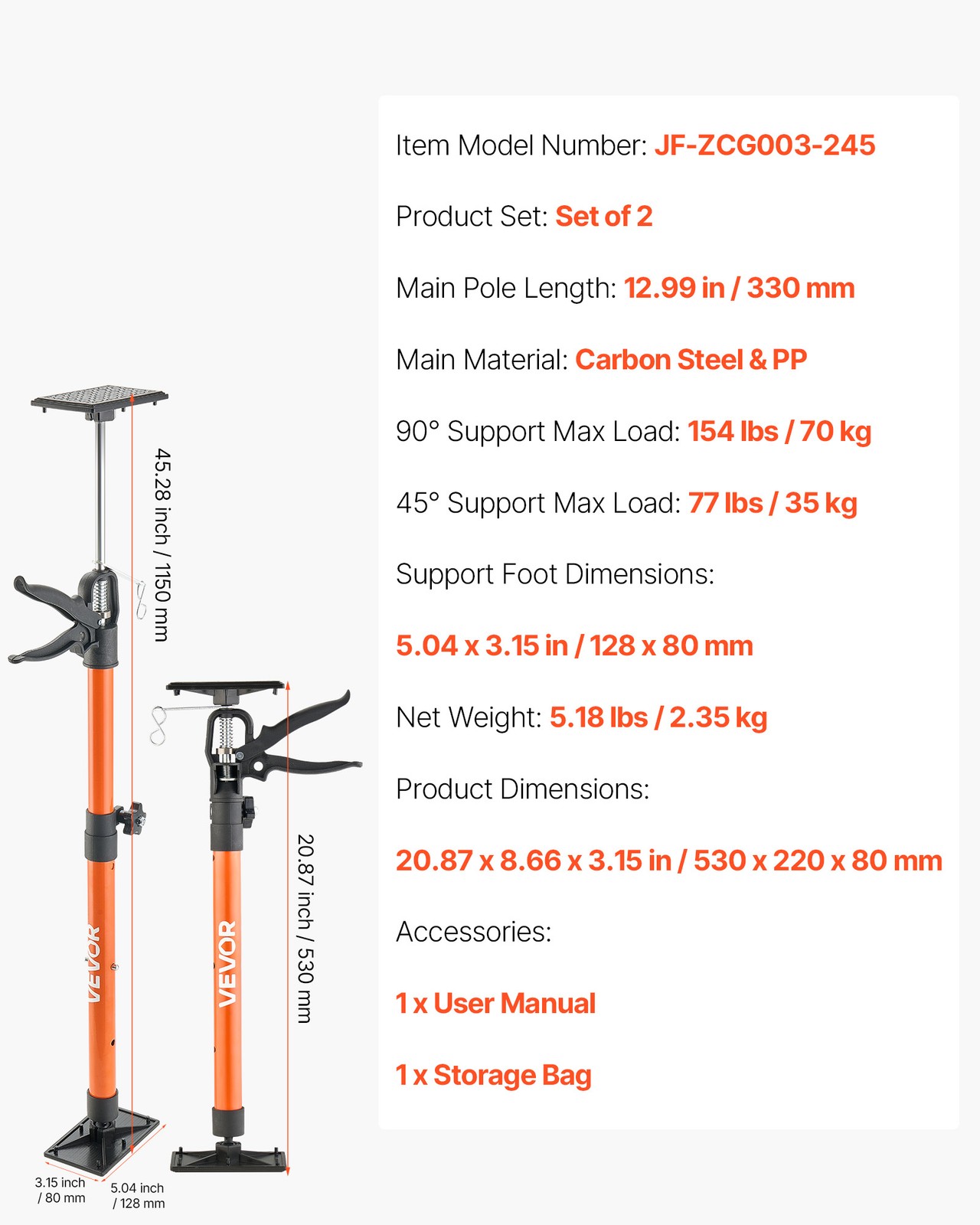 VEVOR 2Pcs Cabinet Jack Support Pole 21.3-60 in Telescopic Quick Support Rod