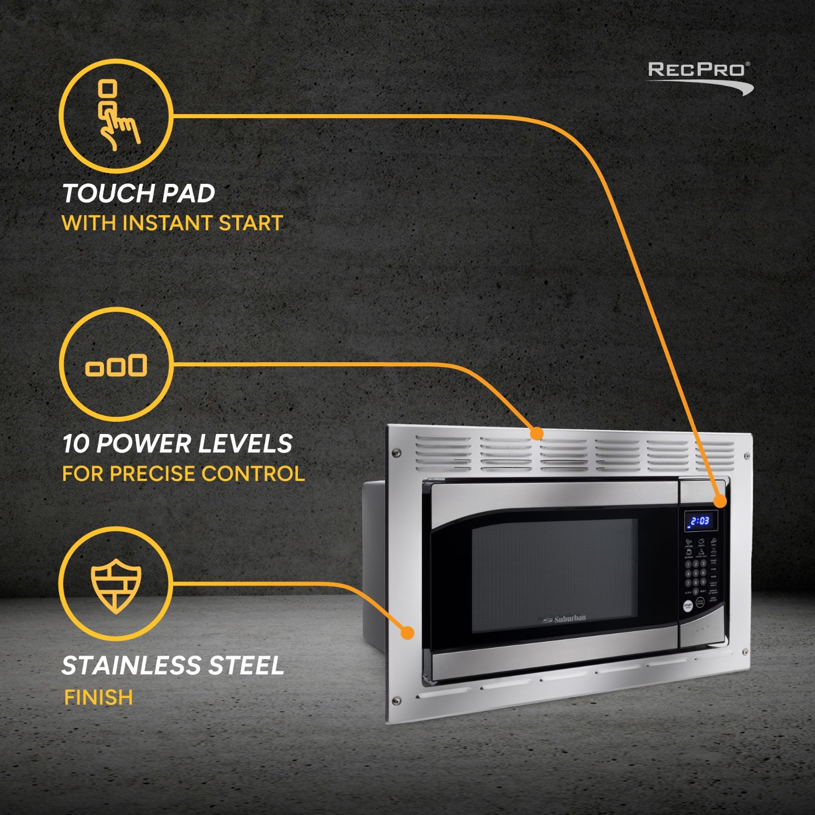 RecPro Suburban RV Built-In Microwave 0.9 Cu Ft Stainless Steel w/ Trim Kit 900W