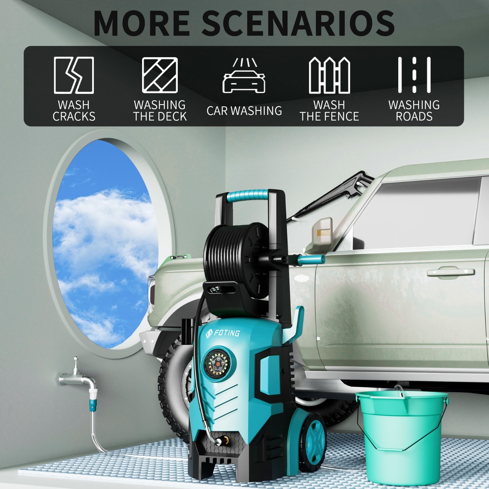 FOTING 5000-PSI, 2.3-3.6 GPM Adjustable Electric Pressure Washer with 4 Nozzles