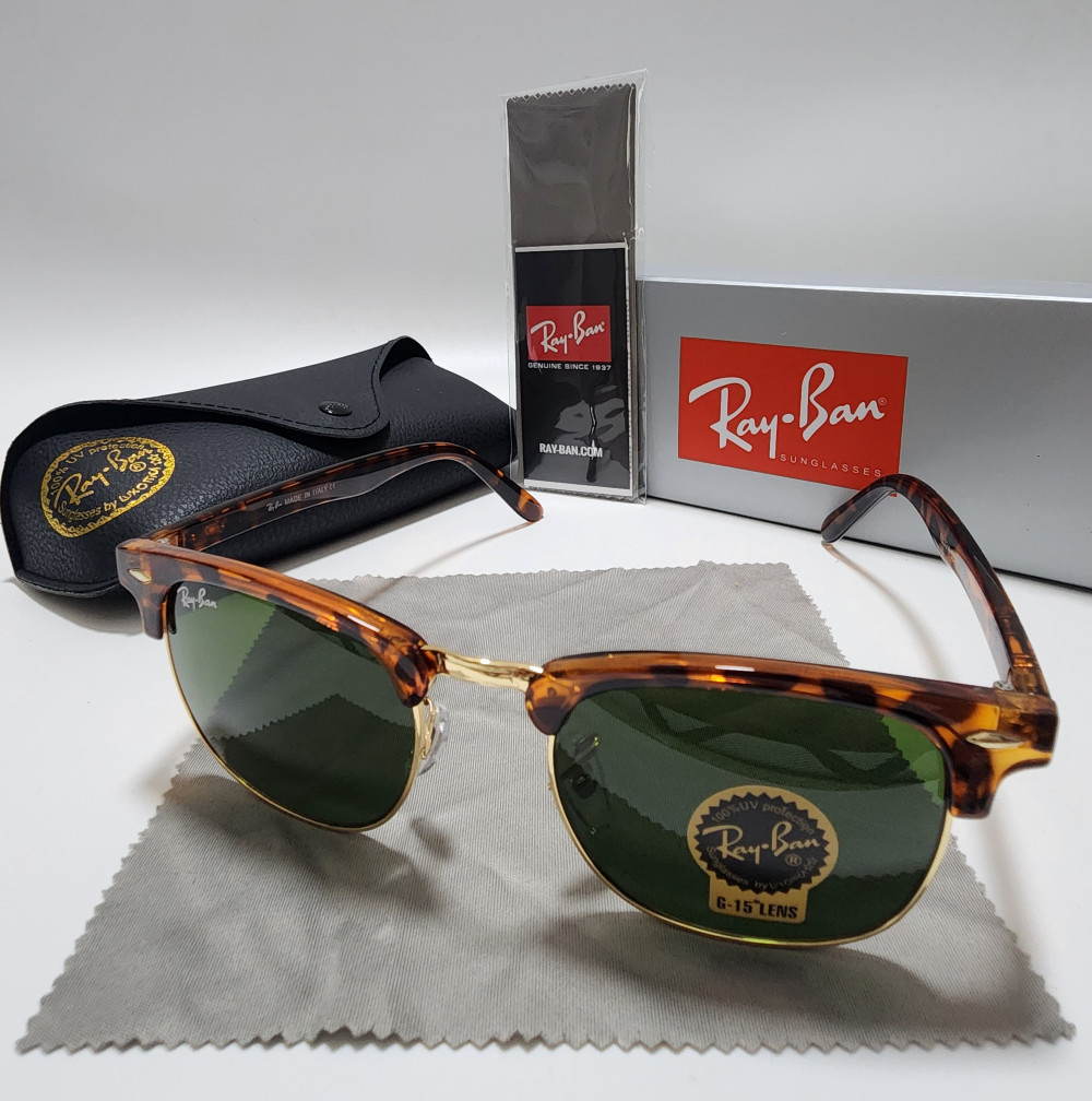 Ray-Ban RB3016 Clubmaster Brown Tortoise Frame Glass Green Lens 51mm