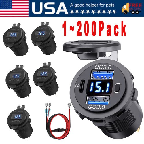 12V-24V PD+QC3.0 Dual USB Car Fast Charger Power Socket Outlet LED Voltmeter Lot