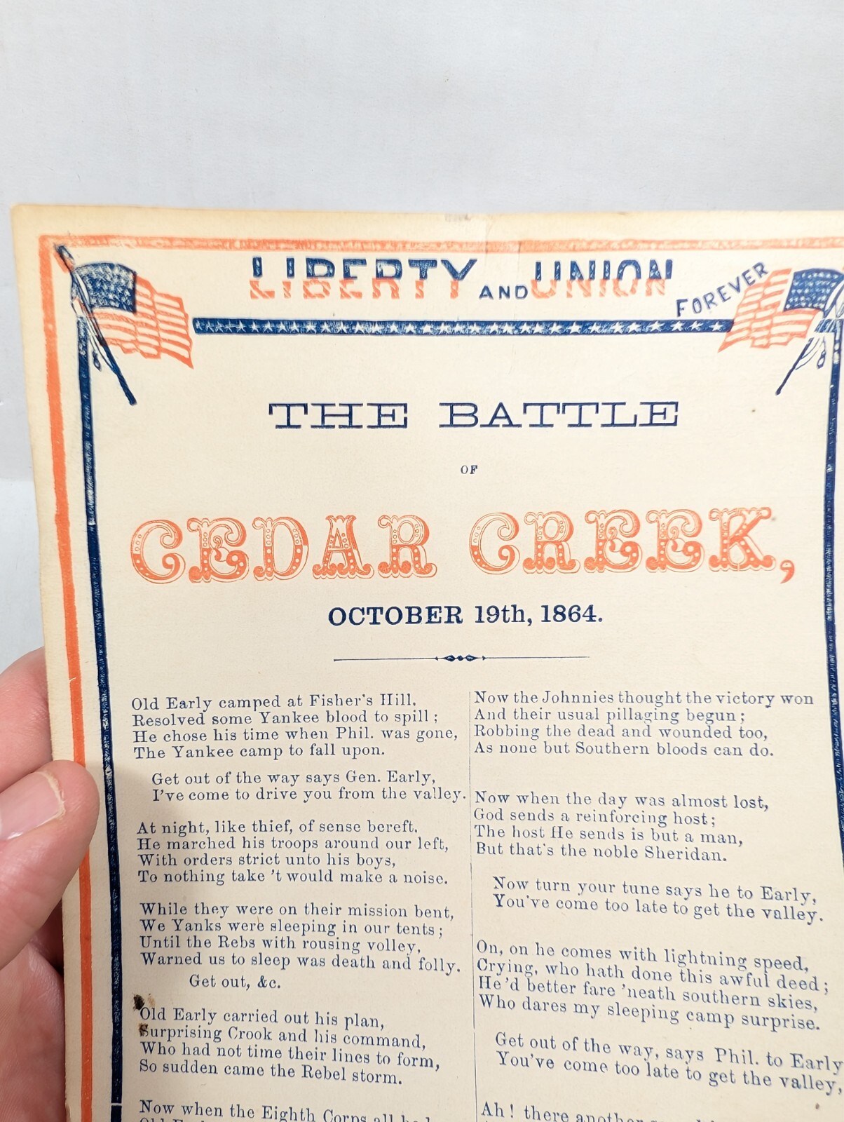 Civil War Liberty and Union Forever The Battle of Cedar Creek Song Sheet 1864