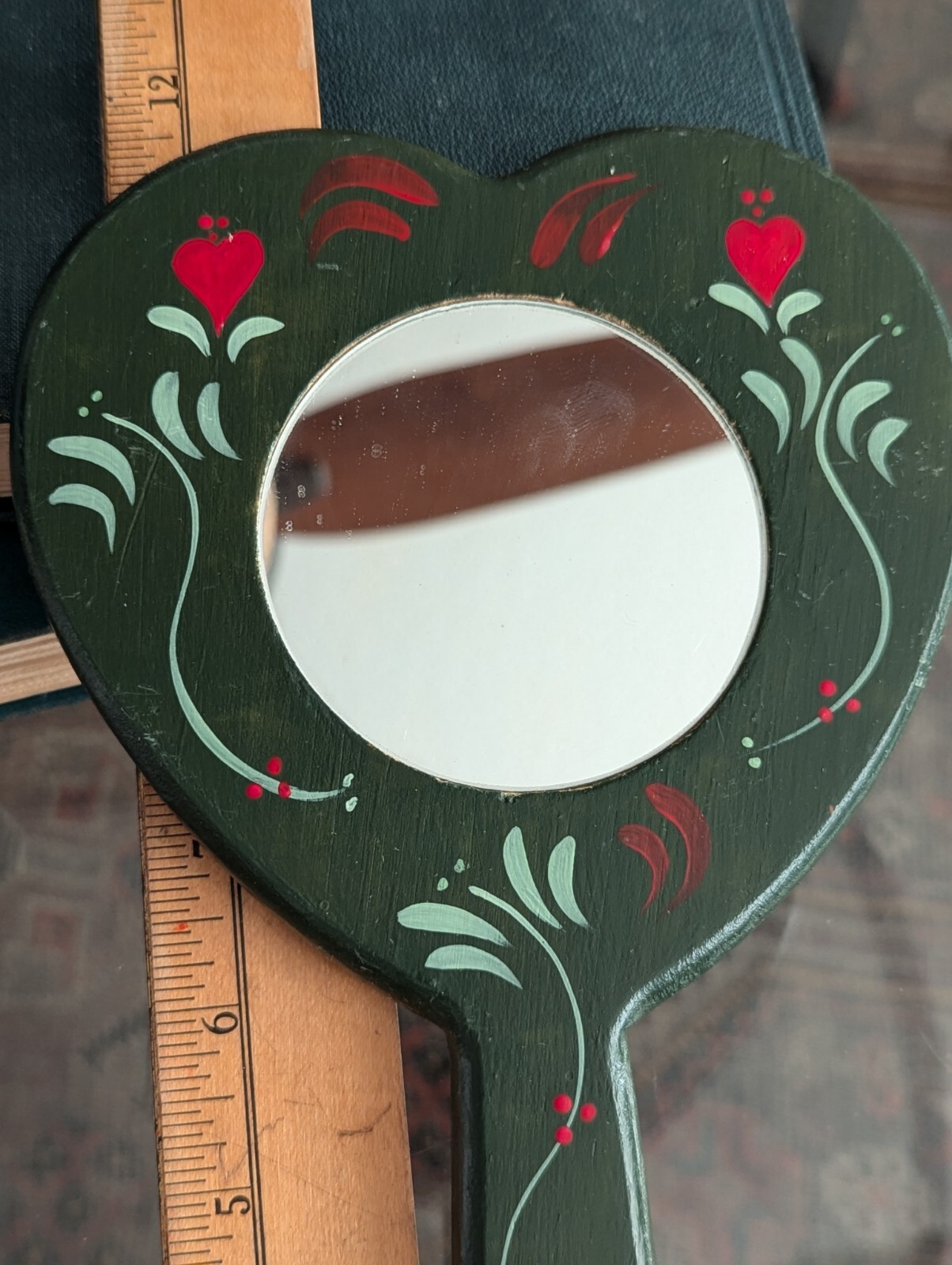 Vtg Hand Mirror Vanity Folk Art Handmade Home Green Wood Tole Painted Floral