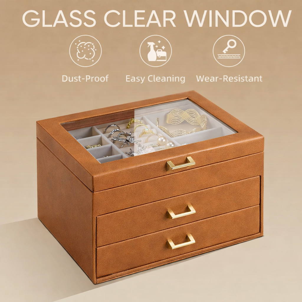 Leather Jewelry Box Organizer with Glass Lid, 3 Drawer Jewelry Storage Case