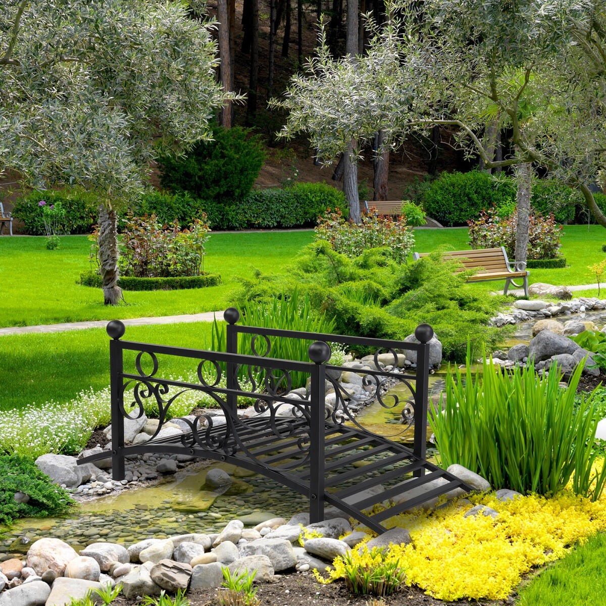 Outdoor Metal Garden Bridge with Security Guardrail for Patio Pond Backyard US