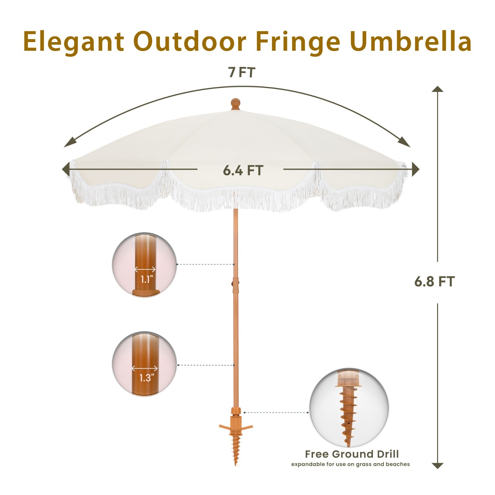 7ft Beach Umbrella with Carry Bag Patio Outdoor Fringe Umbrella Crank Tilt