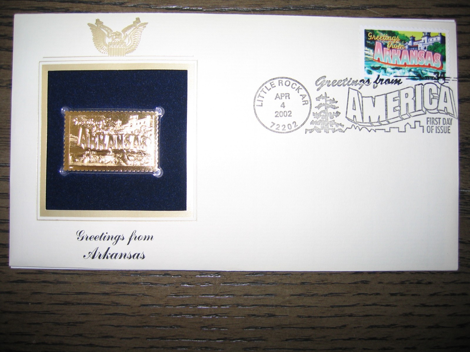 2002 ARKANSAS Greetings From America replica Gold Stamp Golden COVER