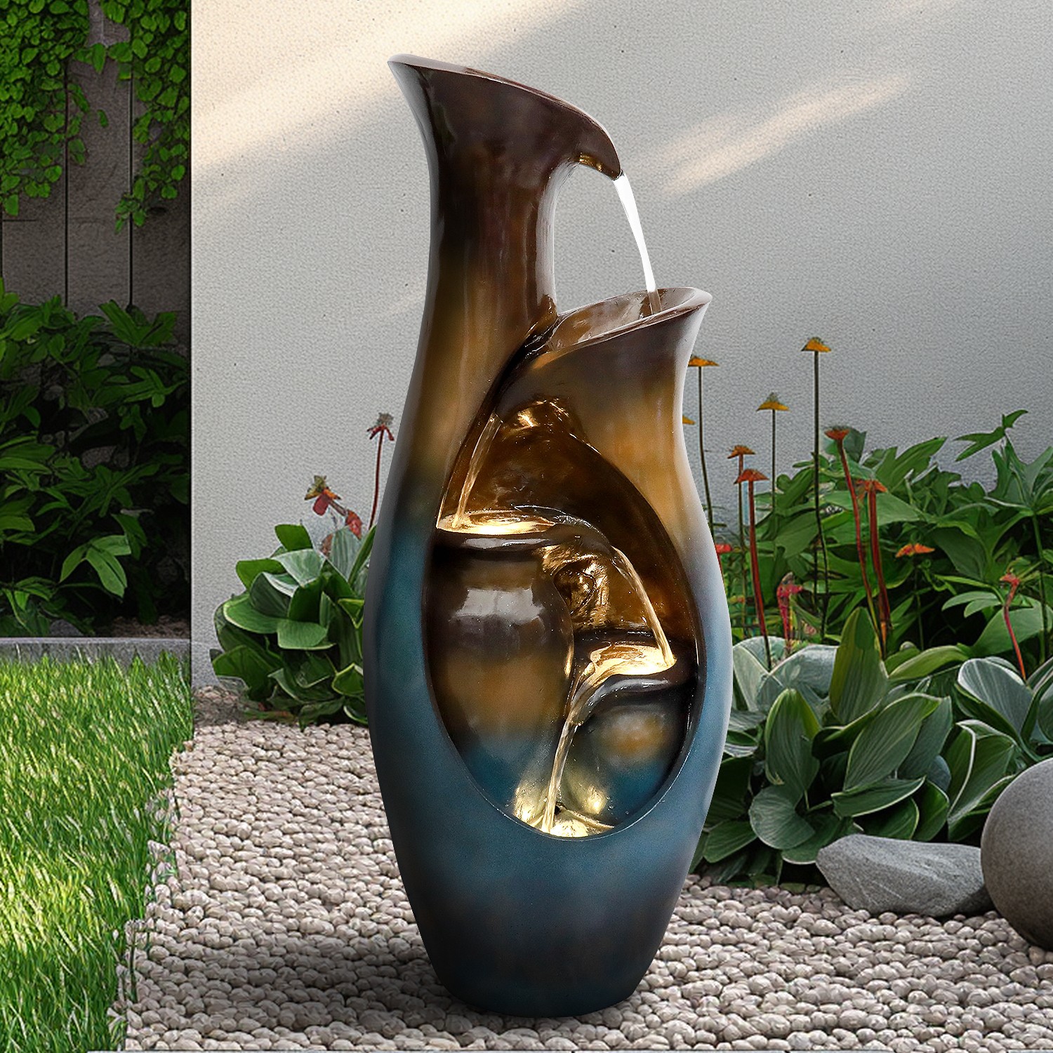 Used Faux Stone Tiered Cascading Water Fountain with LED Lights