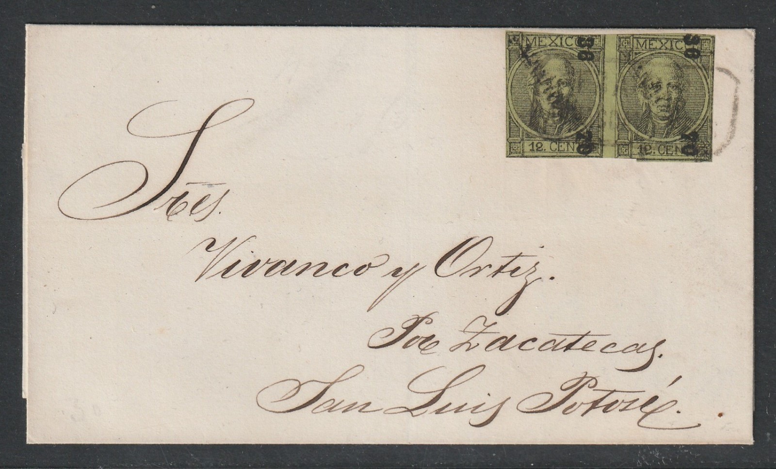 MEXICO, 1870, BEAUTIFUL COVER AGUASCALIENTES OVRPRINTED PAIR, SCARCE