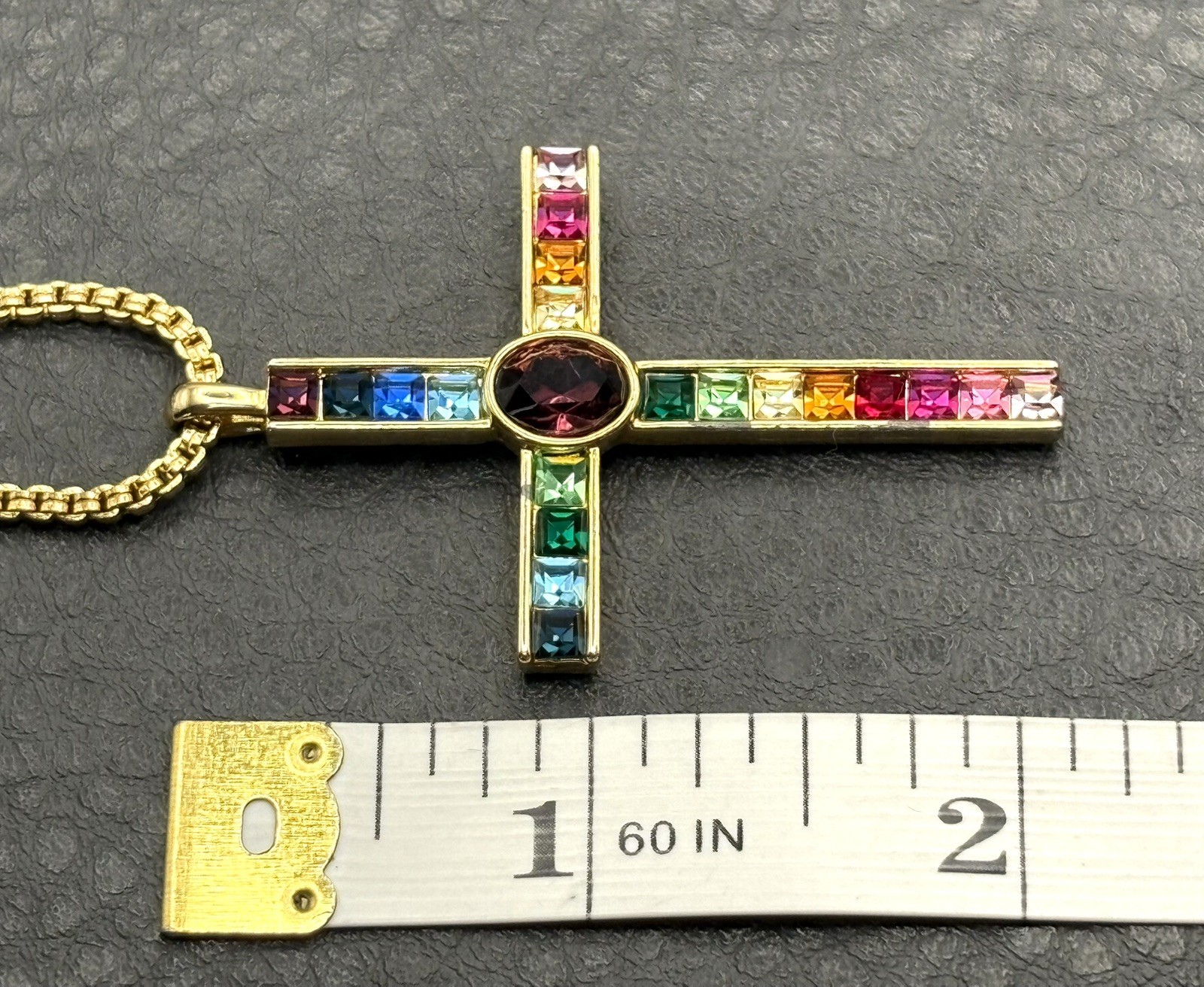 Nolan Miller Signed Gold Tone Chain Necklace PSCO 80s Rhinestone Crystal Cross