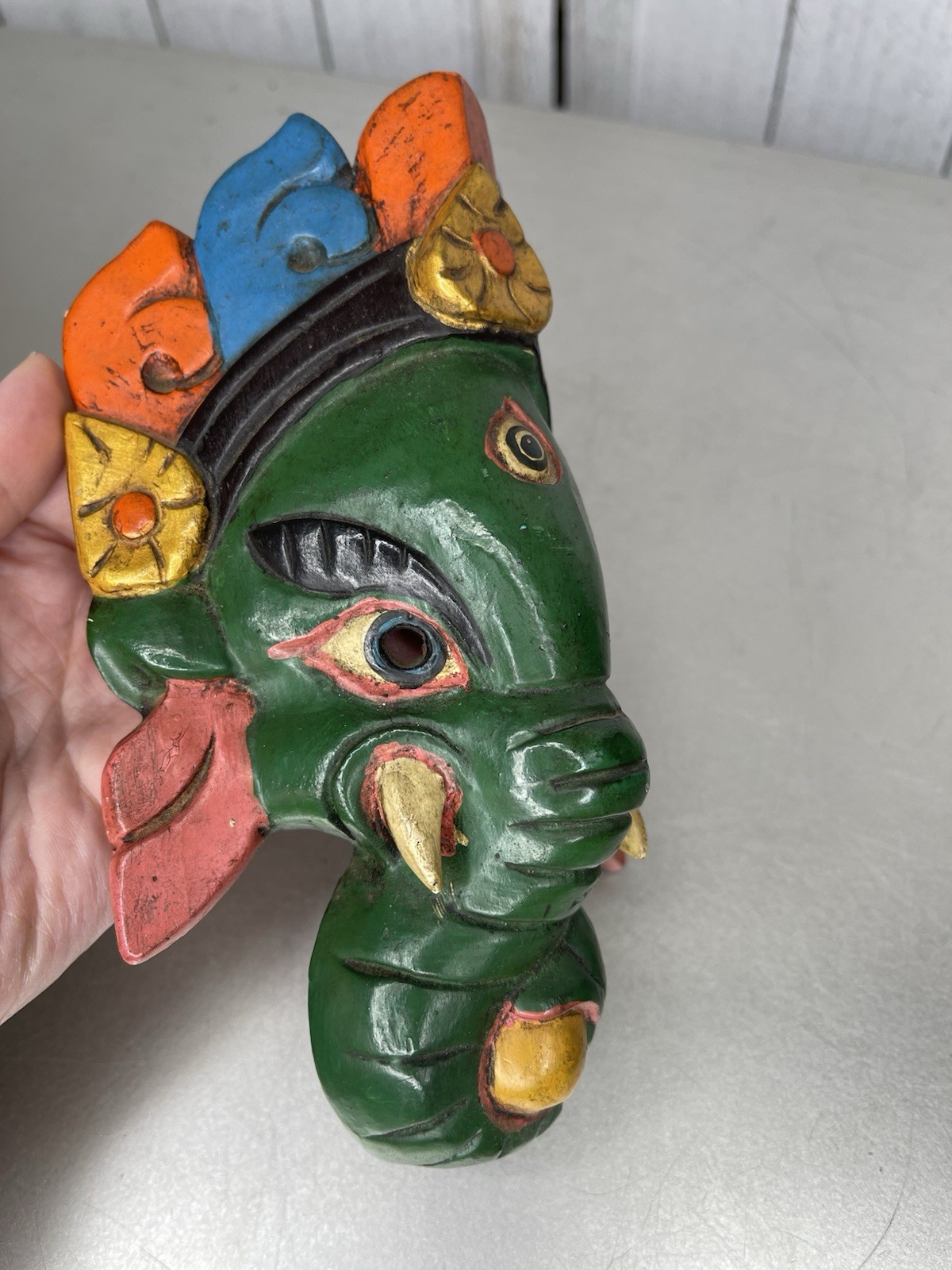Wooden Carved GANESH Mask Wood CARVED MASK Hand Painted VTG
