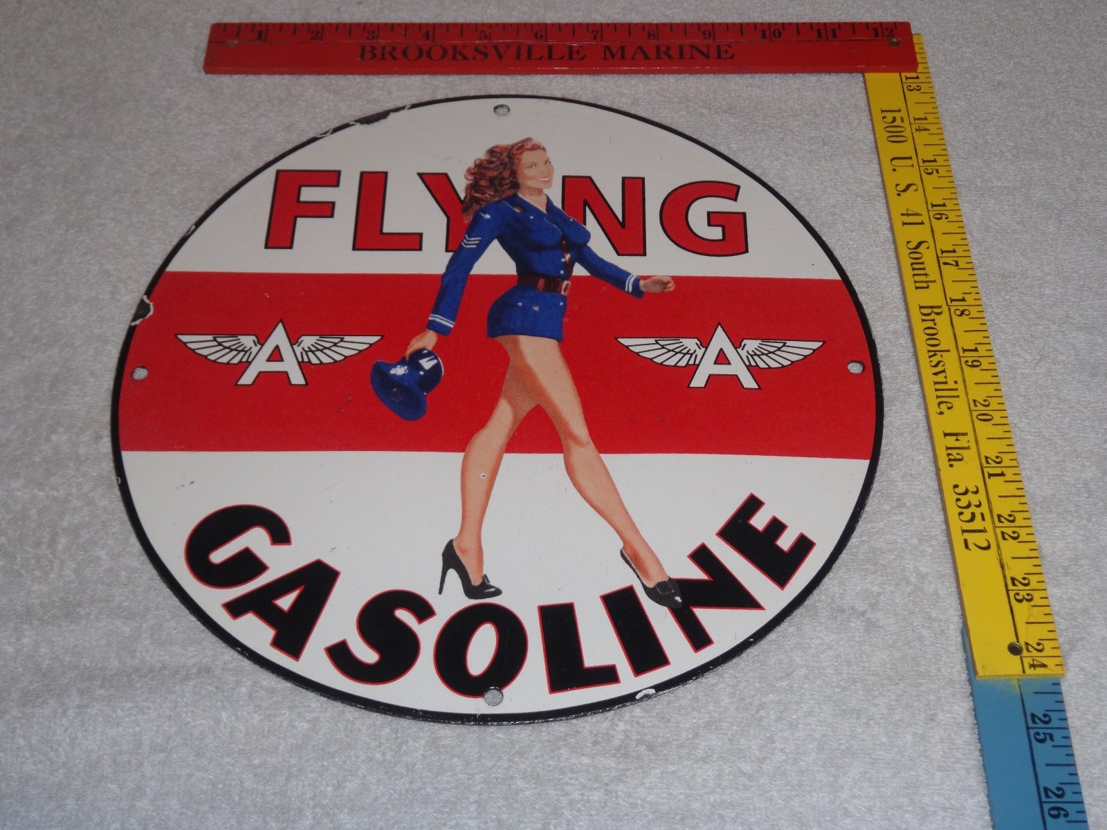VINTAGE FLYING A AIRPLANE STEWARDESS WOMAN 11 3/4" PORCELAIN METAL GASOLINE SIGN