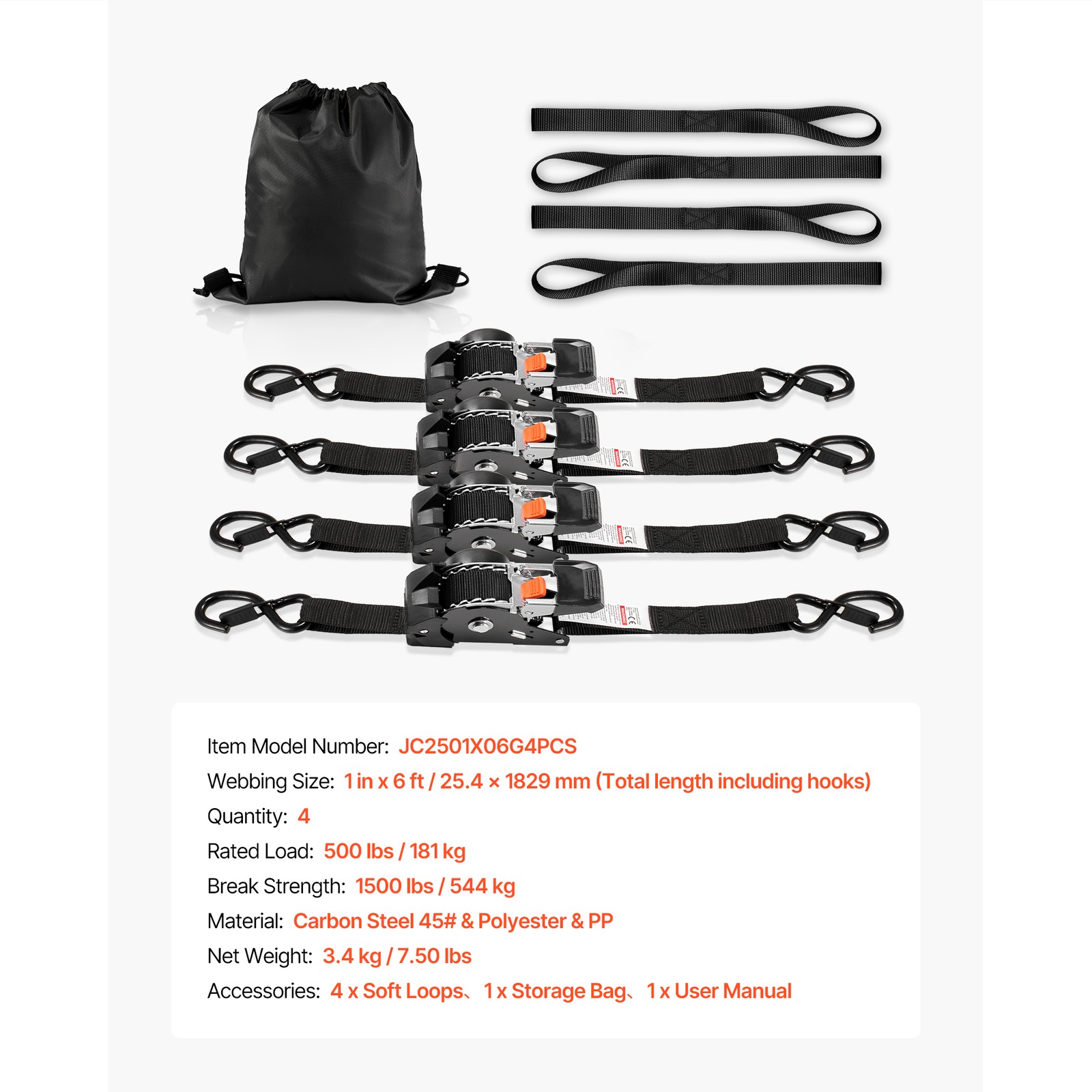 Uimoso 4 Pack Retractable Ratchet Straps 1" x 6' Tie Down Straps 1200 lbs