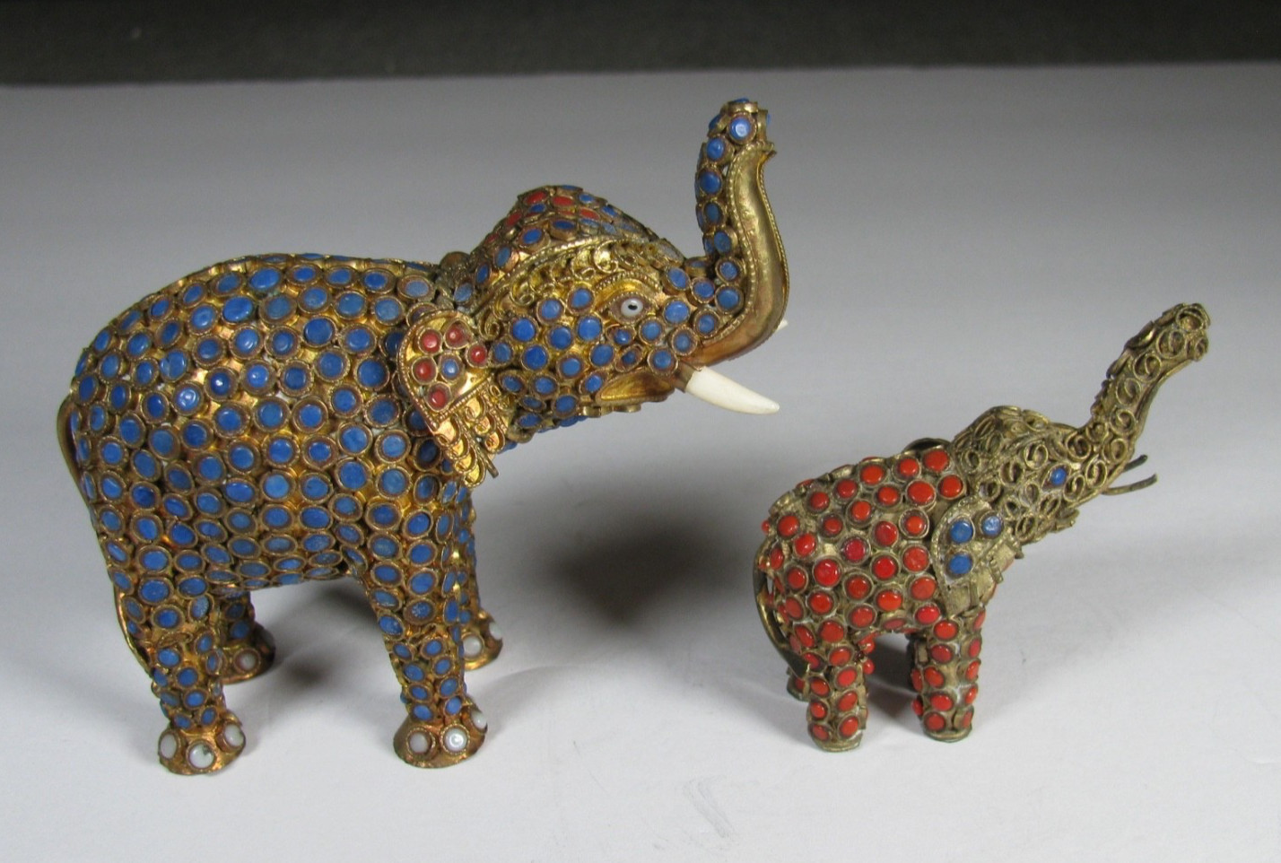 Lot 2 Vintag Tibet or Nepal Elephant Brass Lapis Coral Inlaid Filigree Figurine