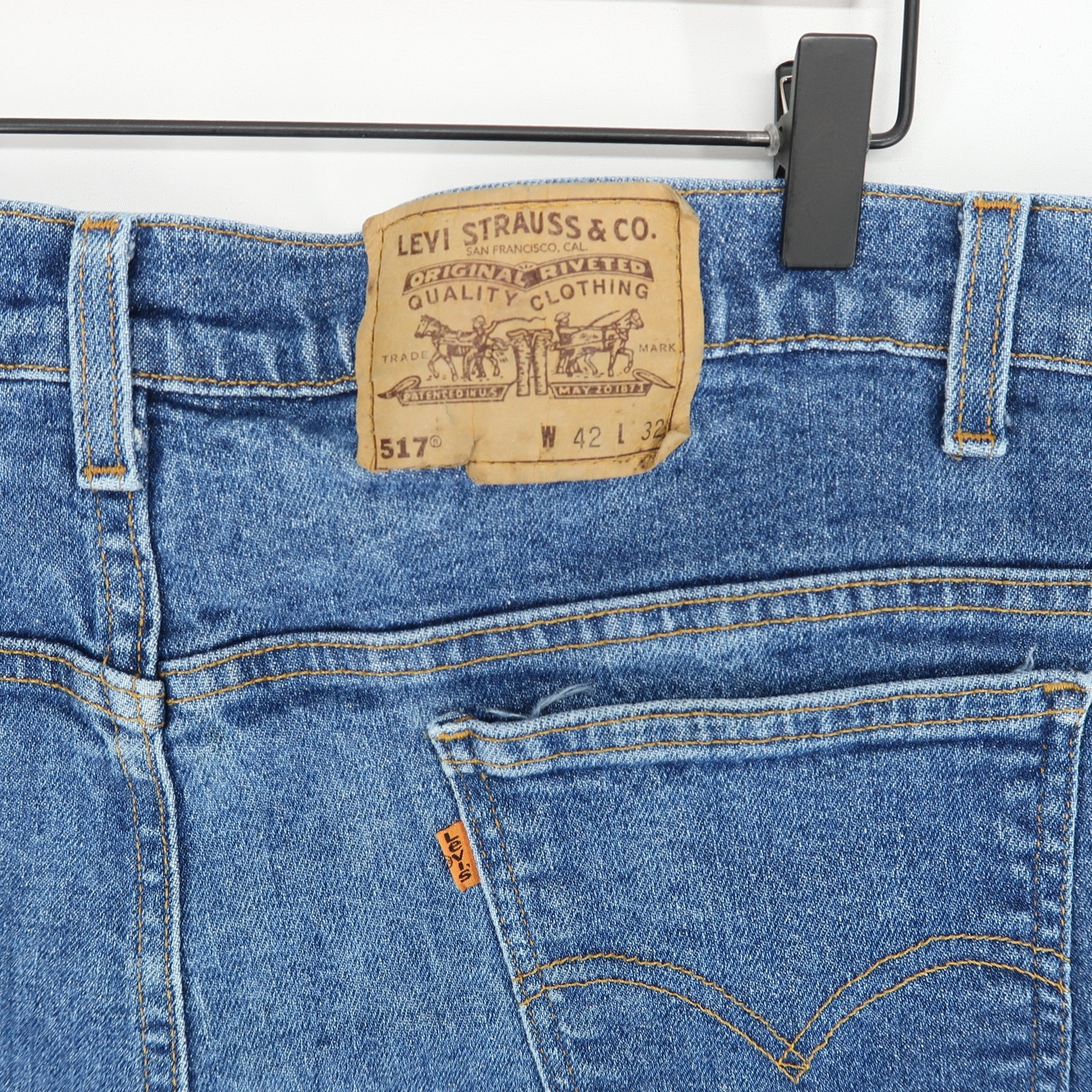 Vintage Levis 517 Jeans Mens 42x32 Blue Bootcut Orange Tab USA Stretch Denim