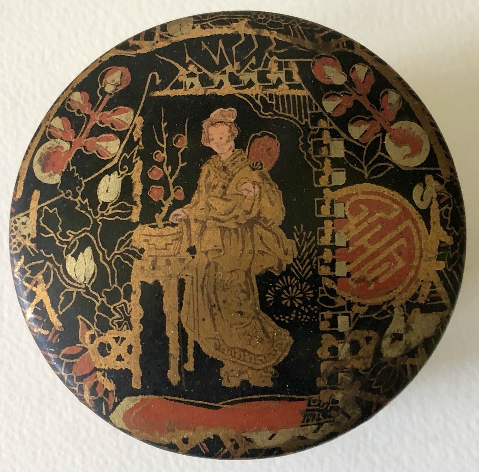 Antique Asian Chinese Japanese Black Lacquer Gold Geisha Girl Vanity Trinket Box