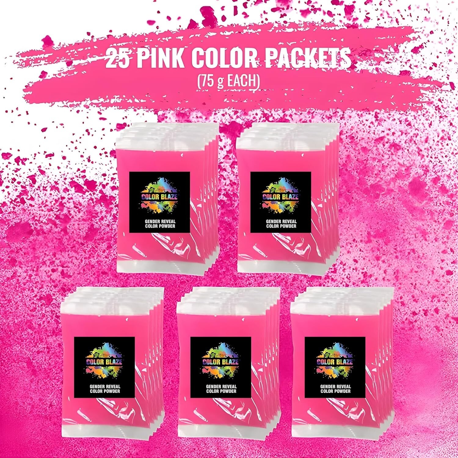 Color Blaze Color Powder Packets - 75 g Each - 25 Packs Pink Baby Gender Reveal