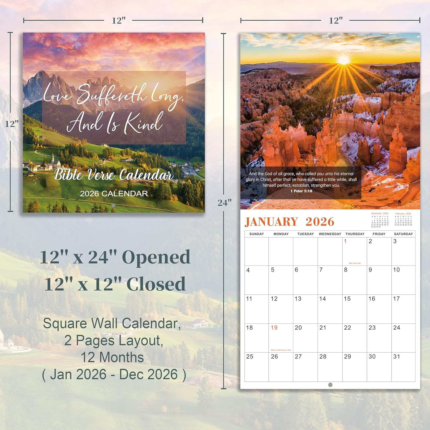 2026 Calendar - Bible Verse Wall Calendar 2026, Jan 2026 - Dec 2026, 12" x 24" (