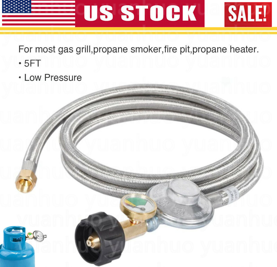 5FT Propane Hose Regulator with Gauge for Most LP Gas Grill, Heater, 3/8" Female