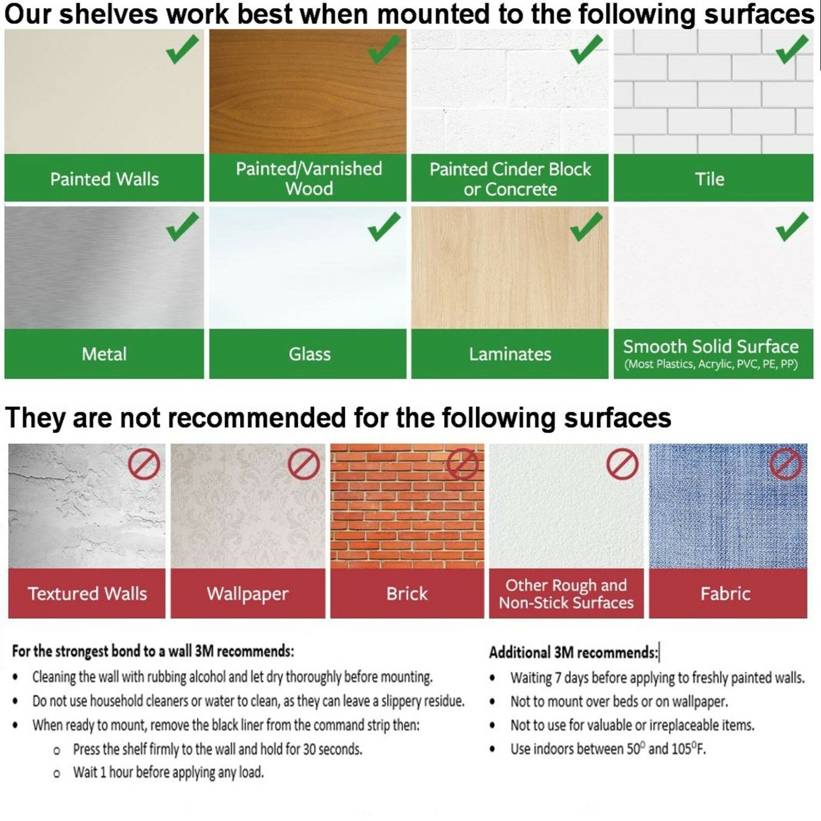 12" x 2" Black Wall Shelf Easy No Hole No Nail install uses 3M Command Strips