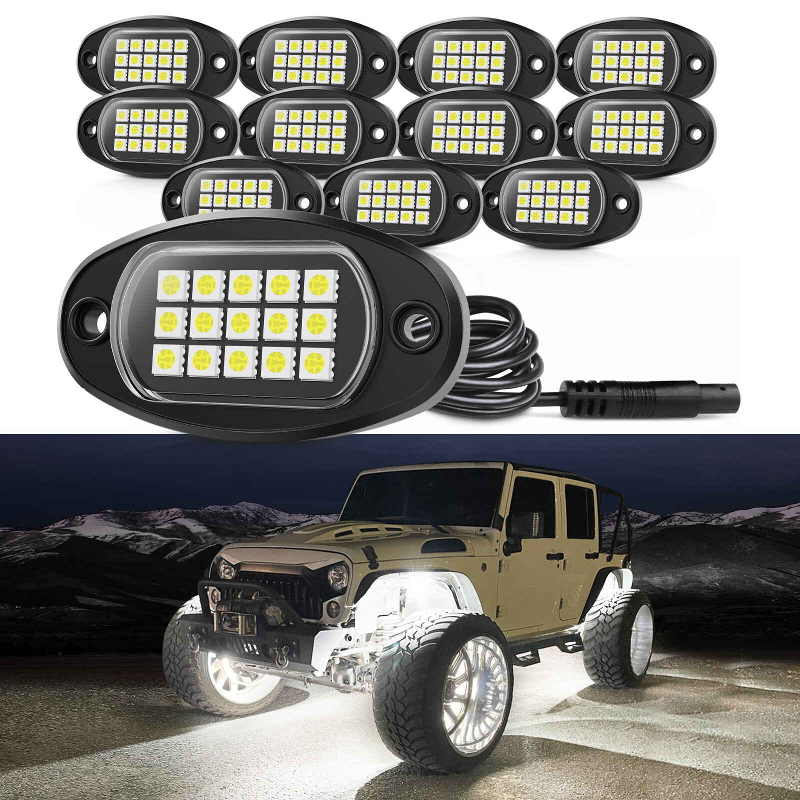 12 PCS Pure White LED Rock Lights, Waterproof Underglow Underbody Lighting Kit
