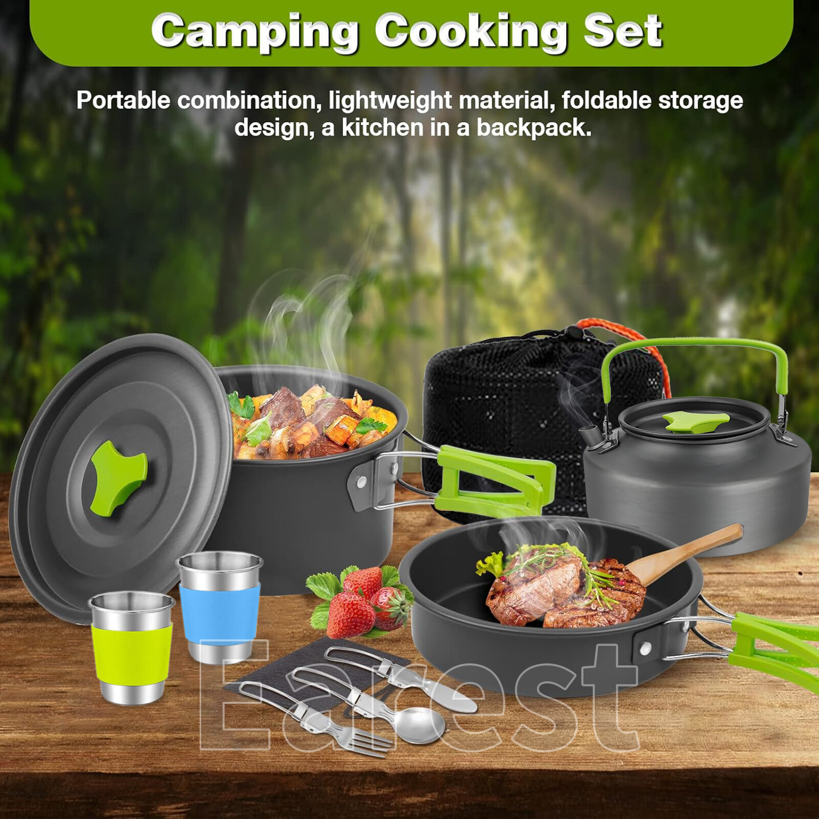 13Pcs Portable Camping Cookware Mess Kit Hiking Kettle Cooking Bowl Pot Pan Set