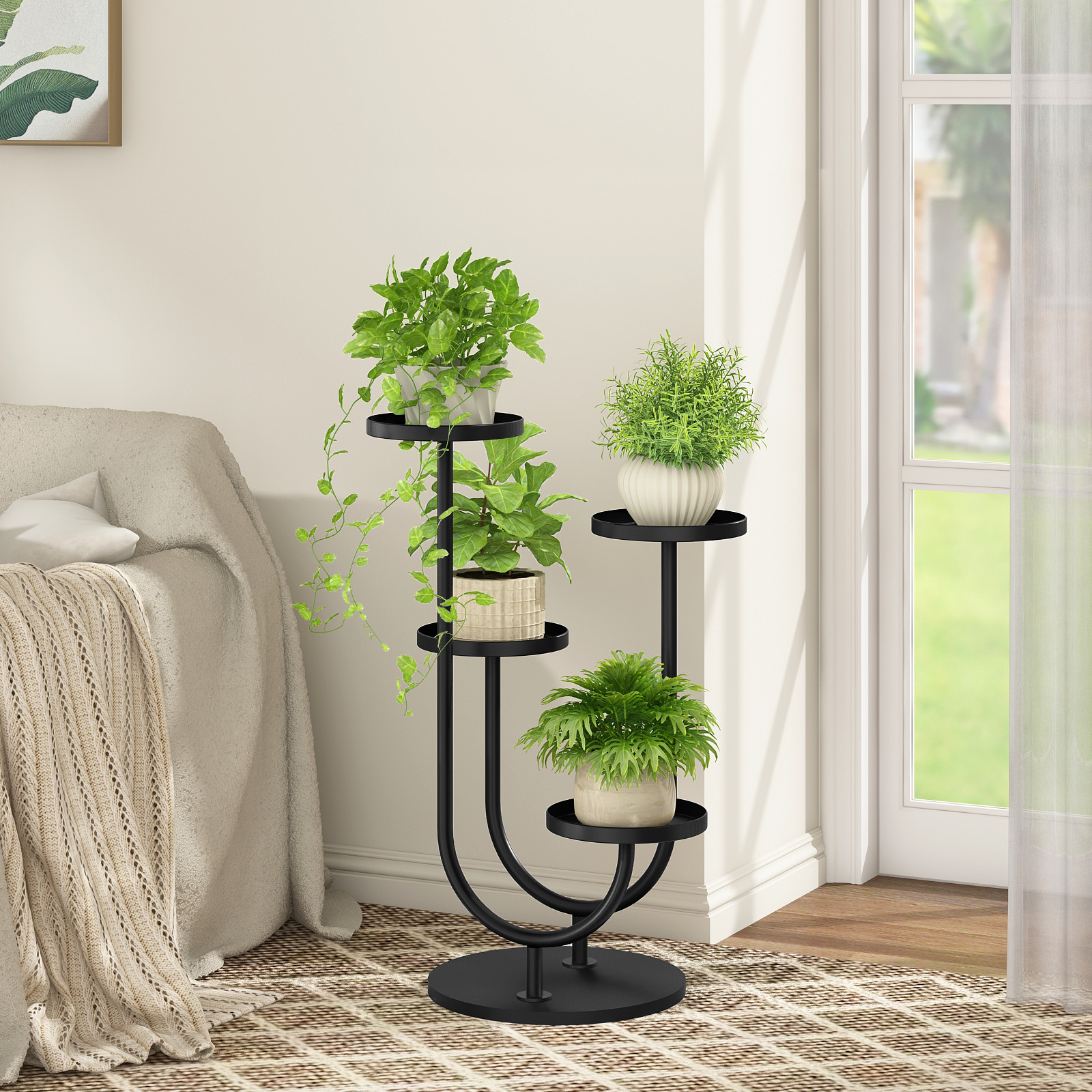 Bamworld Plant Stand Indoor Modern Corner Plants Shelf Display 4 Pots Black