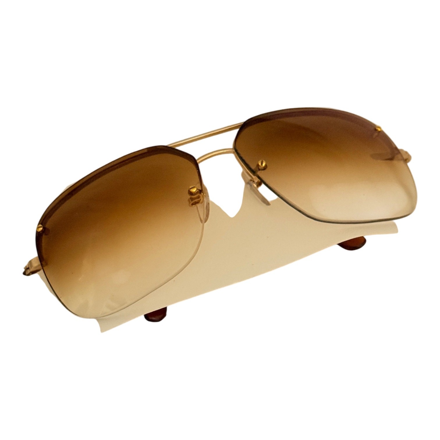 Vtg 70's Aviator Rimless Sunglasses Gold Frame Gradient Amber Lens MIP - A1298